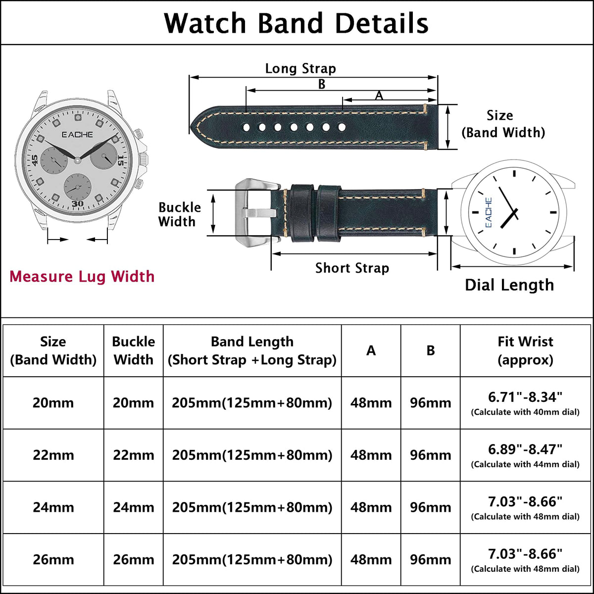 EACHE Leather Watch Bands for Men, Handmade Genuine Leather Watch Straps Vintage Design Classical Thick Watch Bands 22mm Dark Brown with Black Buckle