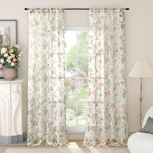Lajode Floral Sheer Curtains for Living Room Window, Country Patterned Light Filtering Airy Farmhouse Semi Sheer Faux Linen Curtains for Bedroom 84 Inch Length 2 Panels Each 52 Inch Wide, Champagne