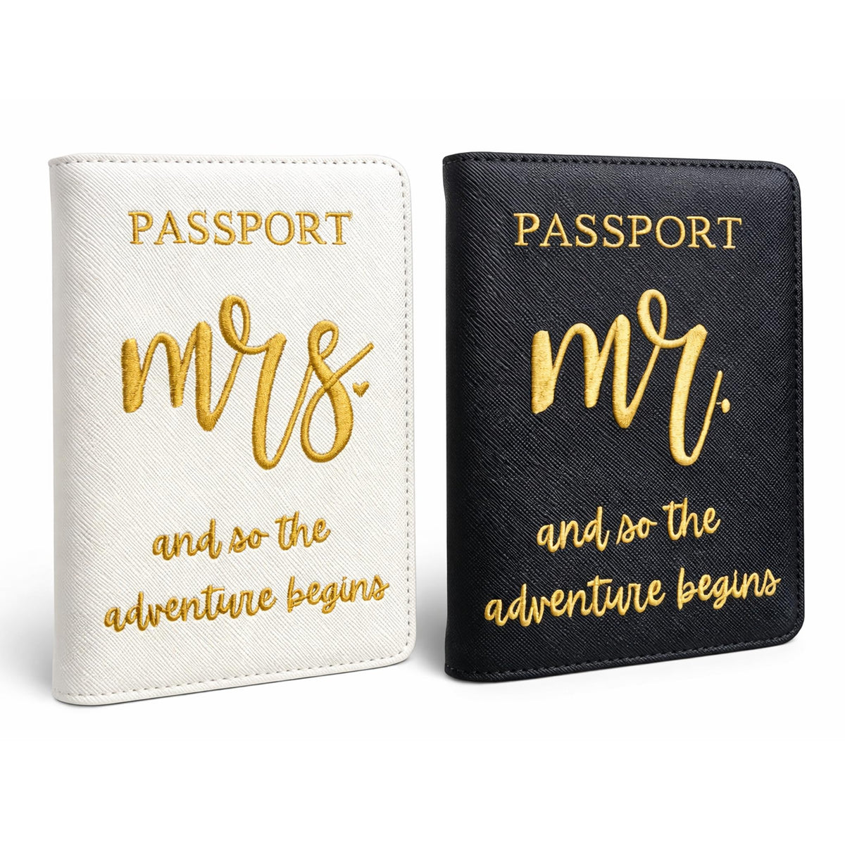 Passport Holder Set for Couples, Mr and Mrs Embroidered Passport Covers, PU Leather Travel Accessory, Wedding and Honeymoon Gift (Embroidered Black White Gold)