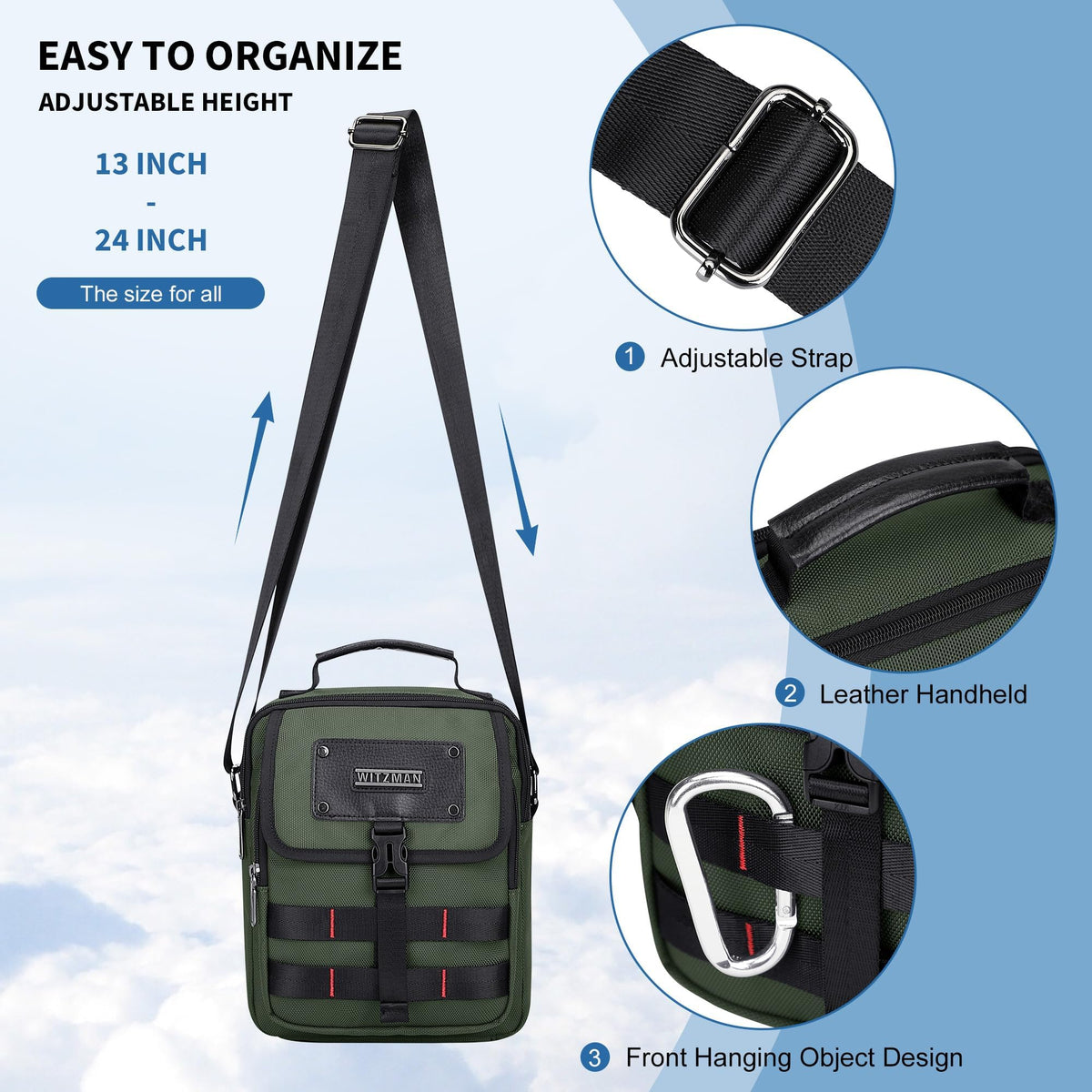 WITZMAN Crossbody Bag for Men Casual Messenger Bag Satchel Nylon Shoulder Bag Lightweight Man Purse for Work Travel（B708 Army Green）
