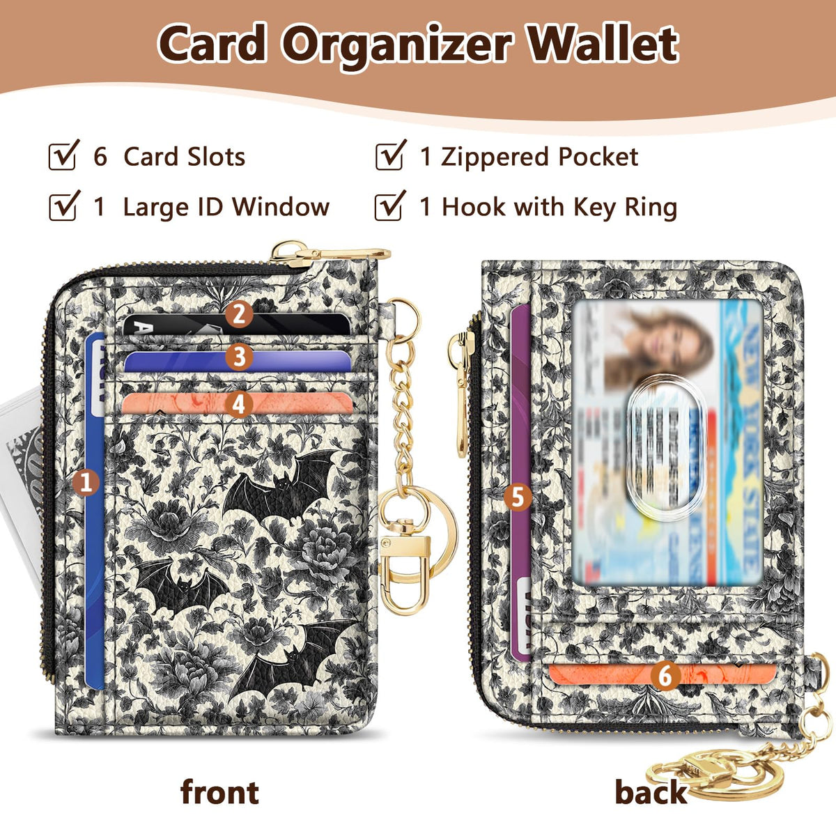 GIANCOMICS Slim Wallet Credit Card Holder Women, Goth Bat Rfid Blocking Small Card Case, Keychain Thin Pocket Curved Zipper Wallet, Travel Card Holder PU Leather ID Window, Ladies Female Gifts