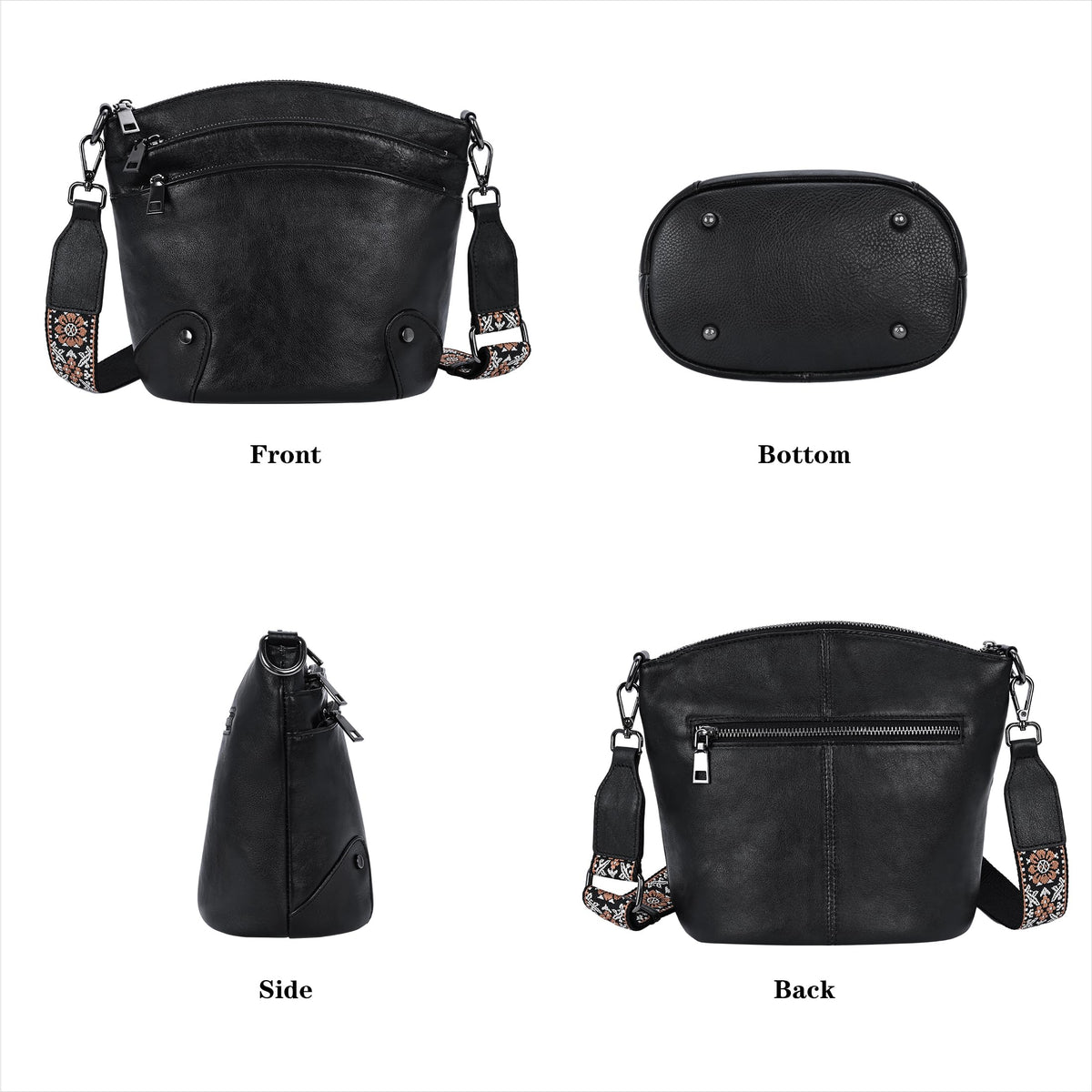 HESHE Crossbody Bags Leather Purses for Women Vintage Shoulder Handbags with Multi Pockets Cross Body Purses for Travel (Black)