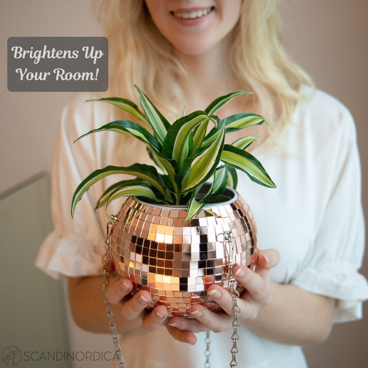 SCANDINORDICA Disco Ball Planter 6" Rose Gold with Chain and Macrame Hanger and Disco Ball Planter Pot 4.3" with Saucer (0.2x0.2 mirror tiles)