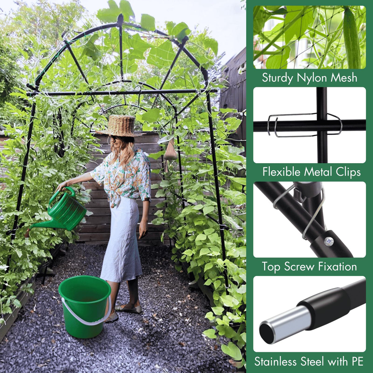 Garden Arch Trellis 7FT Extra Tall Polyethylene-Coated Stainless Steel Garden Trellis for Climbing Plants Outdoor Garden Trellis Arch for Cucumber Trellis | Gardening Trellis with Clips (Black)
