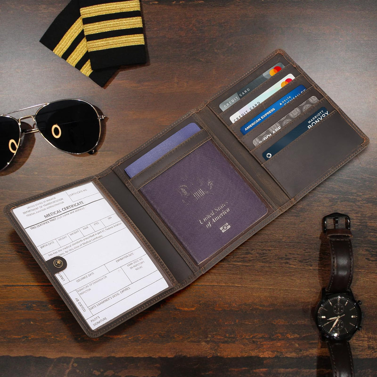 Polare Full Grain Leather Pilot Wallet Passport Holder RFID Blocking Trifold Wallet for Men Travel Cover Document Organizer for Aviation Professionals