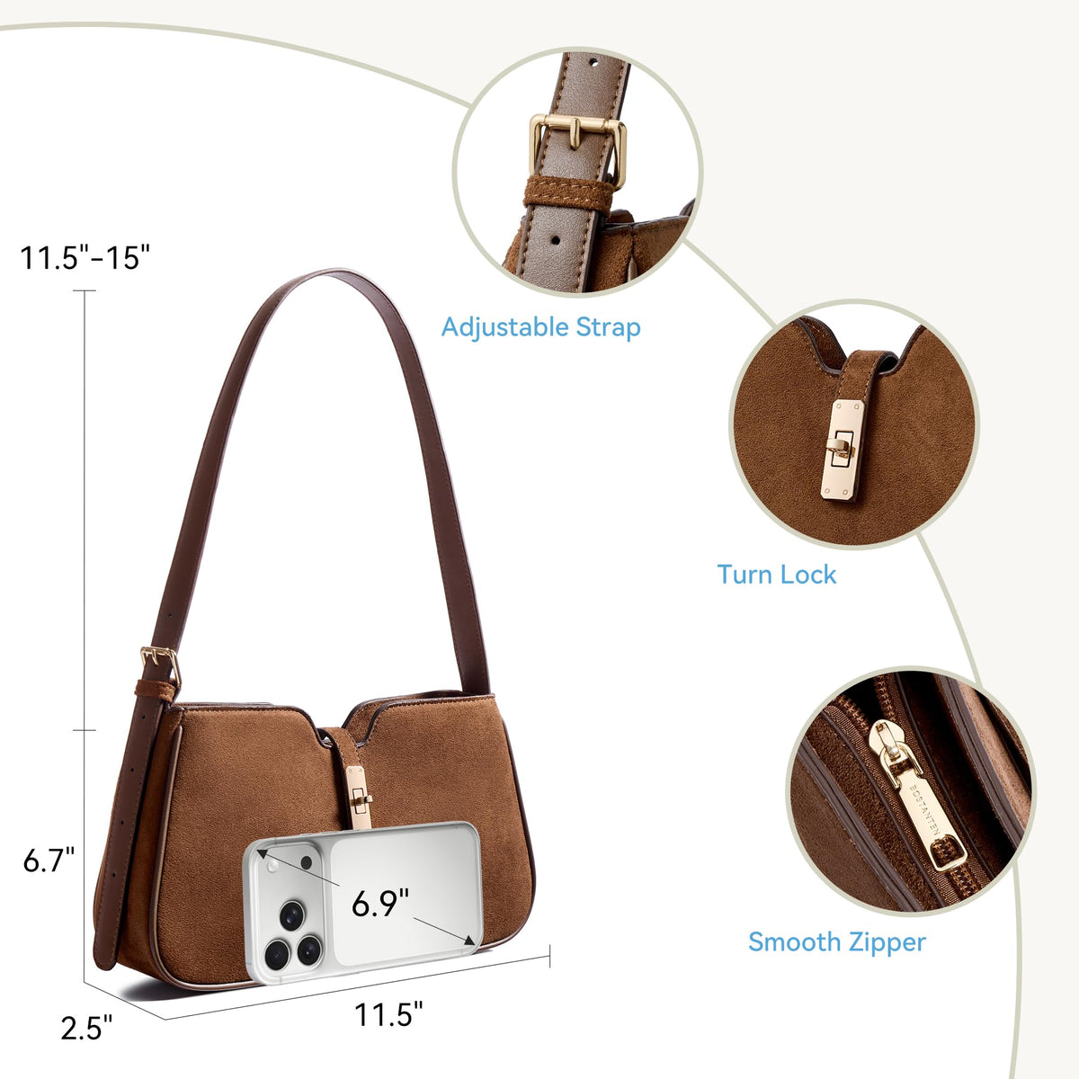 BOSTANTEN Shoulder Bag for Women, Casual Shoulder Purse Vegan Leather Chic Hobo Handbag with Adjustable Strap for Work Travel