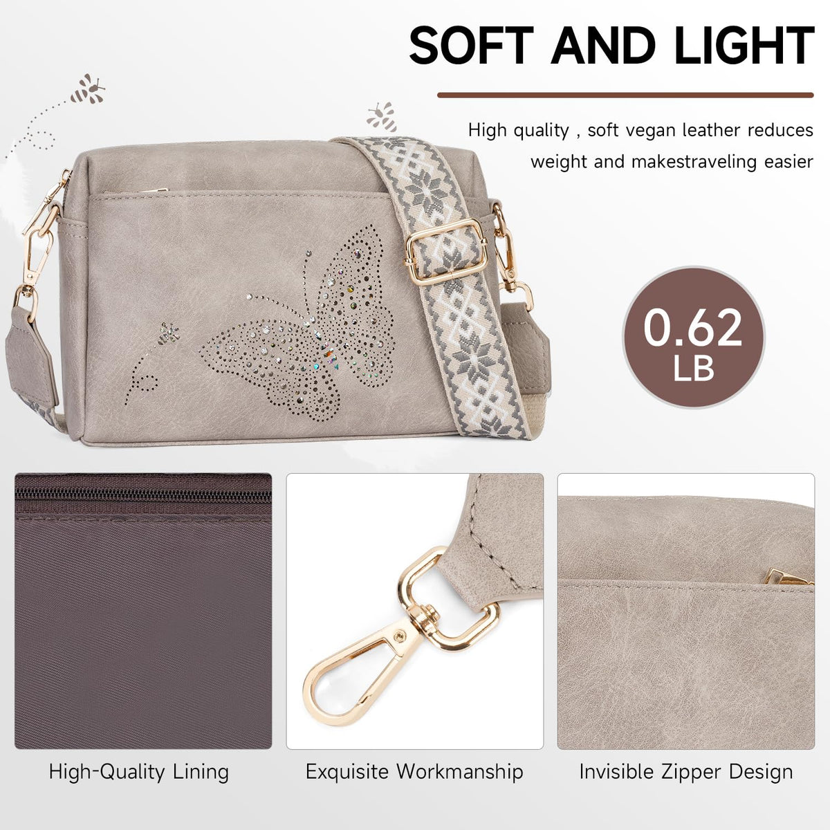 KITEVIUN Crossbody Bags for Women, Vegan Leather Phone Purse Triple Zip Butterfly Women’s Shoulder Handbags with Wide Strap Gray