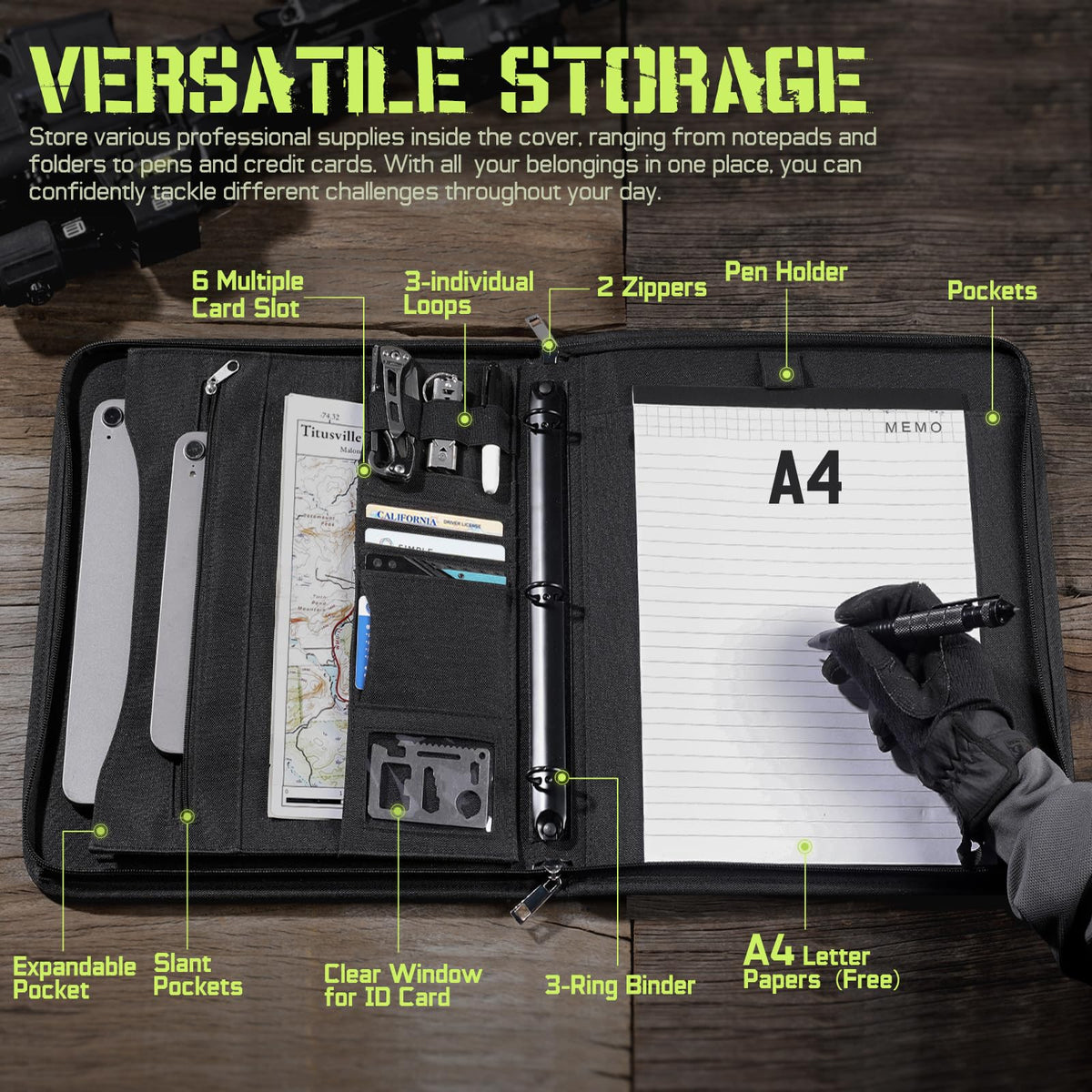 Livans Portfolio Padfolio Binder Detachable 3-Ring Planner, Zip Tactical Notebook Cover with A4 Letter Paper, Multi-Pocket Carry Bag for Gift, Out-Work, Travels, Office & School