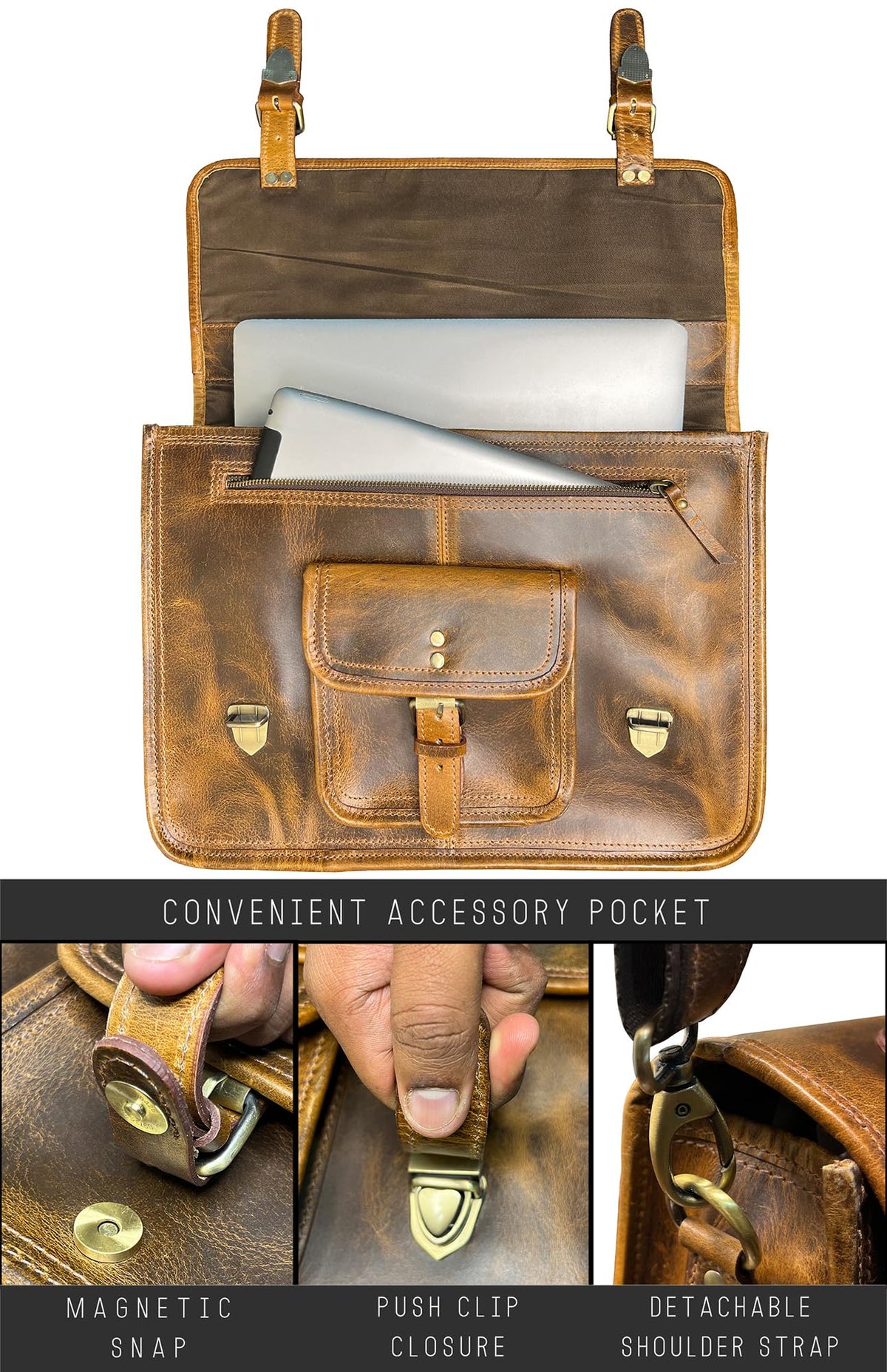 RUSTIC TOWN Leather Messenger Bag for Men - Full Grain Leather Briefcase Laptop Satchel Office Crossbody Travel Bag (16 Inch, Brown)