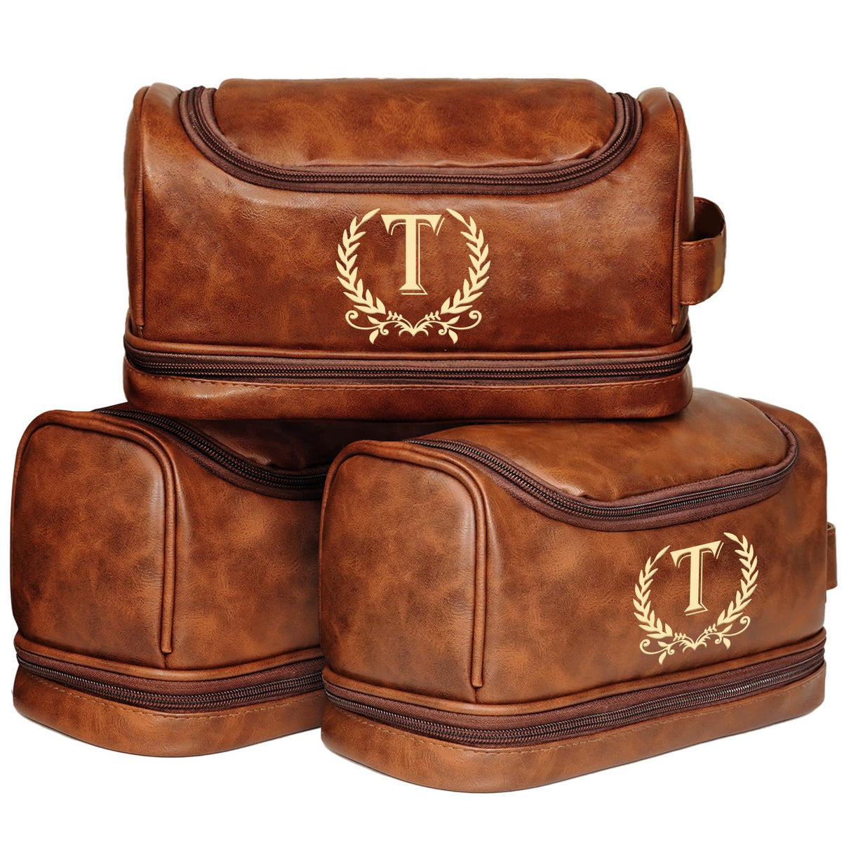 Groomsmen Gifts for Men Travel Toiletry Bag, Personalized Leather Toiletry Bag with Handle & Hook, Water Resistant Shaving Kit Bag for Wedding Party Bachelor Party Favors Bestman Gifts(T)