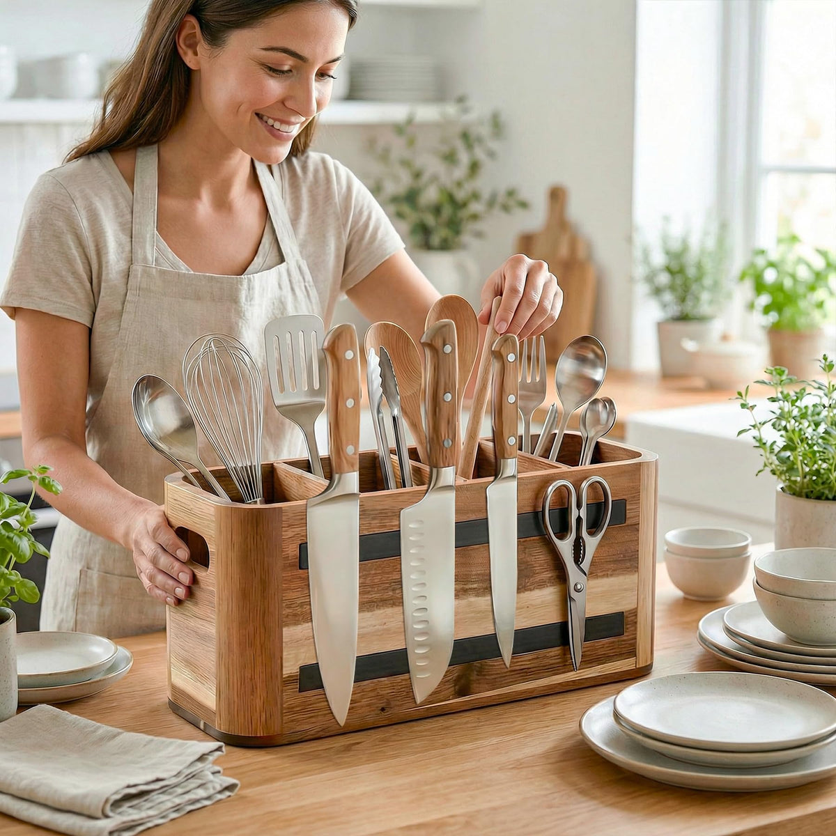 Eclove Acacia Wood Utensil Holder for Kitchen Countertop, Extra Large Wooden Utensil Organizer with Magnetic Knife Strip, 4 Compartment Farmhouse Kitchen Tool Caddy and Silverware Storage