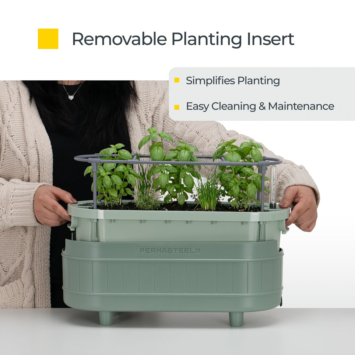 Permasteel Herb Garden Planter with Trellis Support, Self-Watering System with Water Level Indicator, Fits Multiple Herb Plants, for Basil, Flowers, Succulents, Indoor & Outdoor, Green