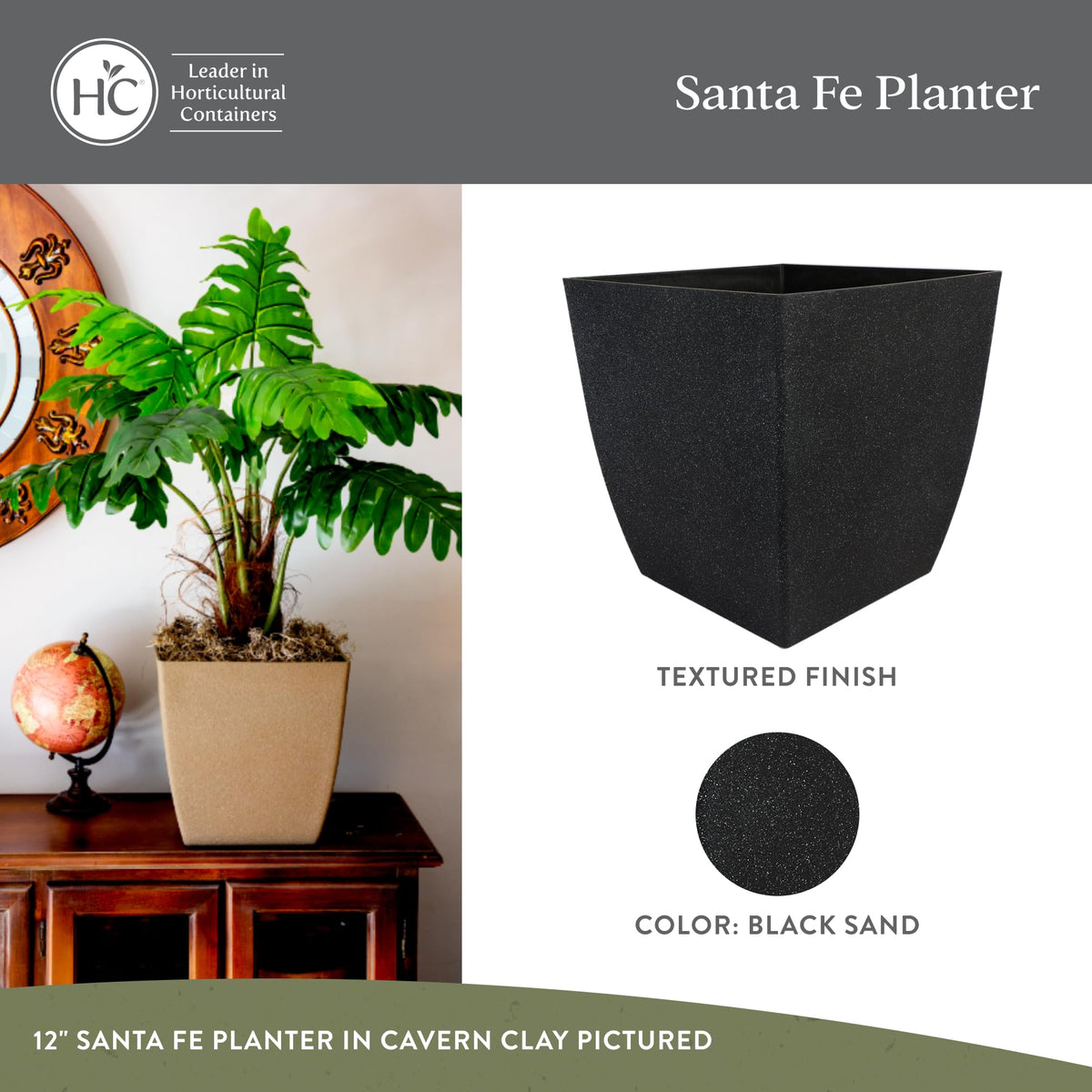 The HC Companies Santa Fe Square Self-Watering Pot - Lightweight Plastic Planter for Herbs & More - Durable Plant Pots for Indoor Plants & Outdoor Plants (12" Black Sand, Pack 2)
