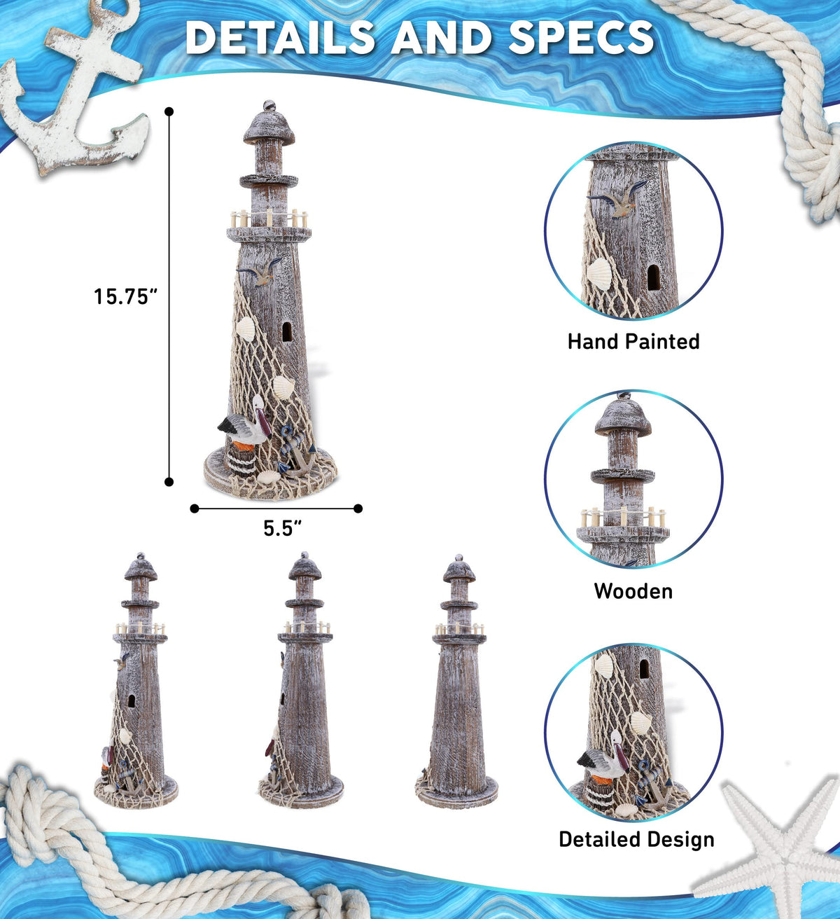Puzzled COTA Global Brown Wooden Lighthouse Decor - Handmade and Crafted Wooden Lighthouse Decoration with Pelican and Fishing Net, Tabletop Home Decor - 15.75 Inches