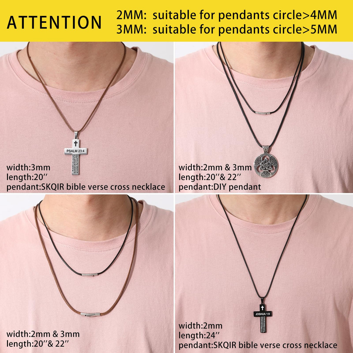 SKQIR 2mm Black Waterproof Braided Leather Cord Necklace with Durable Stainless Steel Snap Clasp Men Women Woven Wax String Rope Chain for DIY Pendant Length 24"