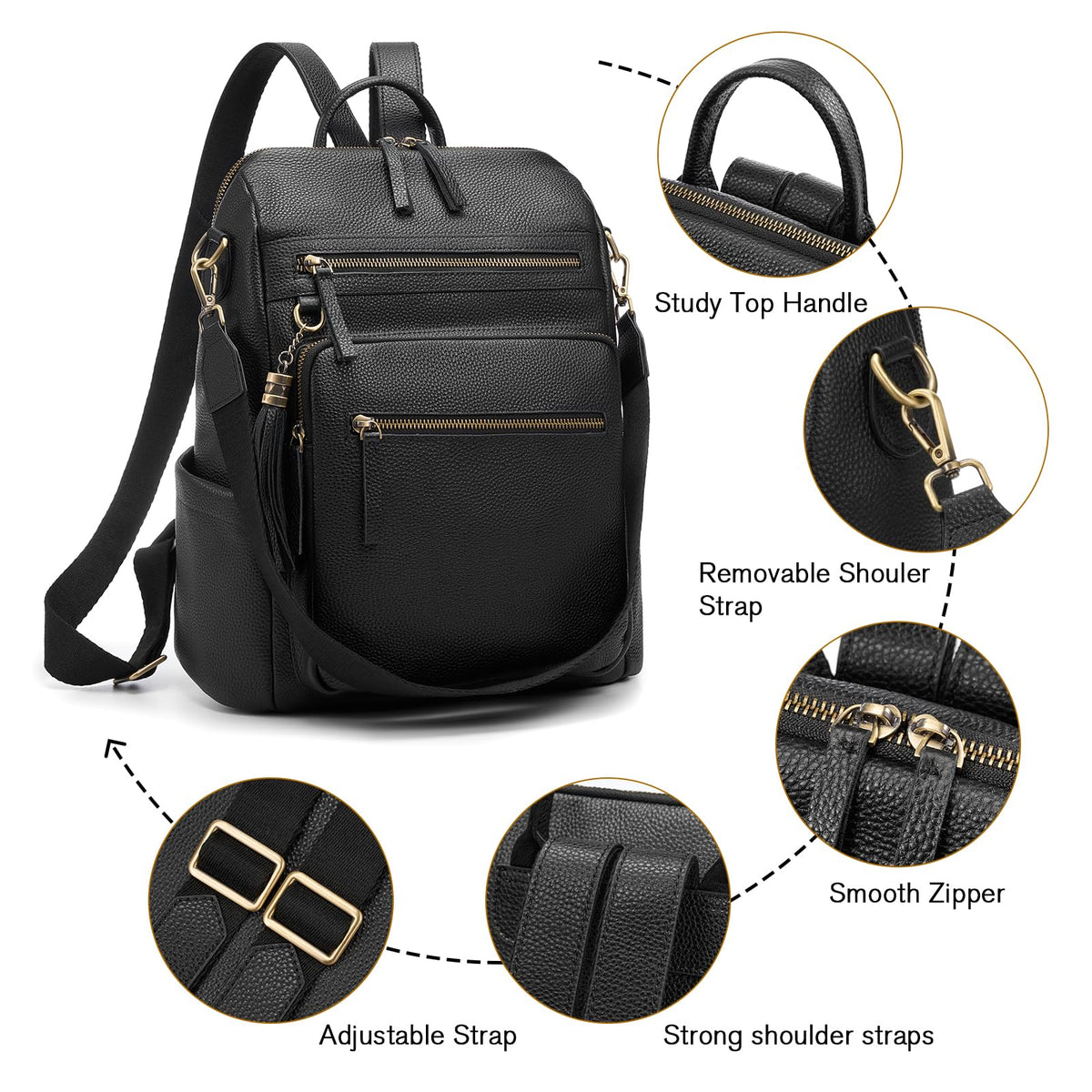 UEIRY Genuine Leather Backpack Purse for Women Convertible Shoulder Bag with Multiple Pockets for Travel Work School（Black）