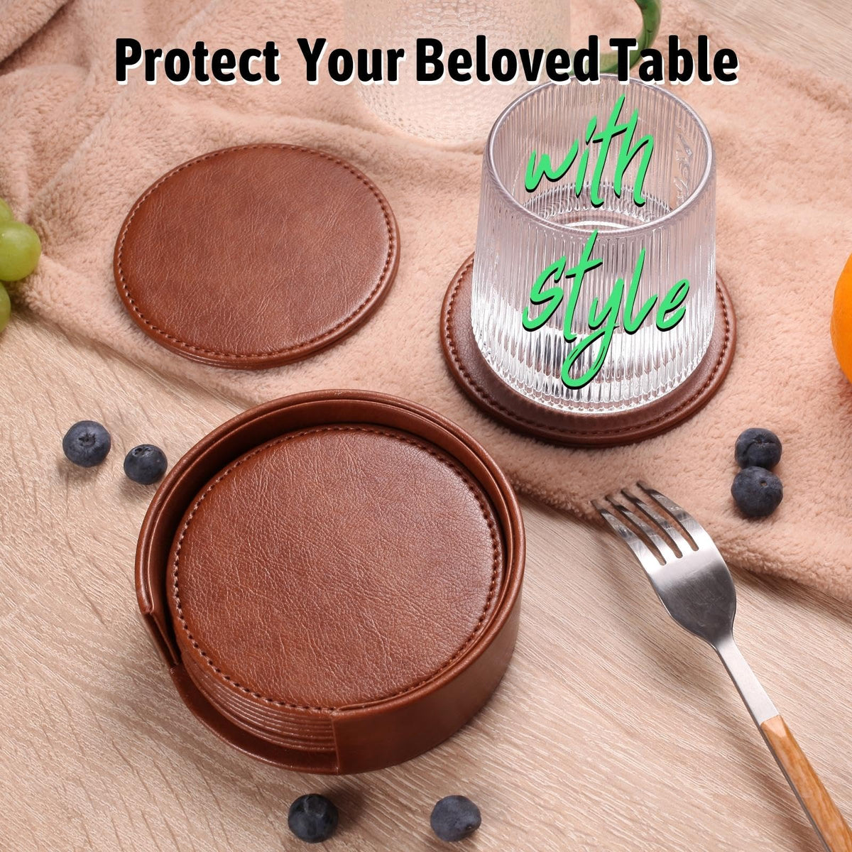 Lorteme Drink Coasters with Holder, 4" Leather Coasters for Drinks Set of 6 for Tabletop Protection, Elegant Home Decor & Handmade Housewarming Gift - Brown