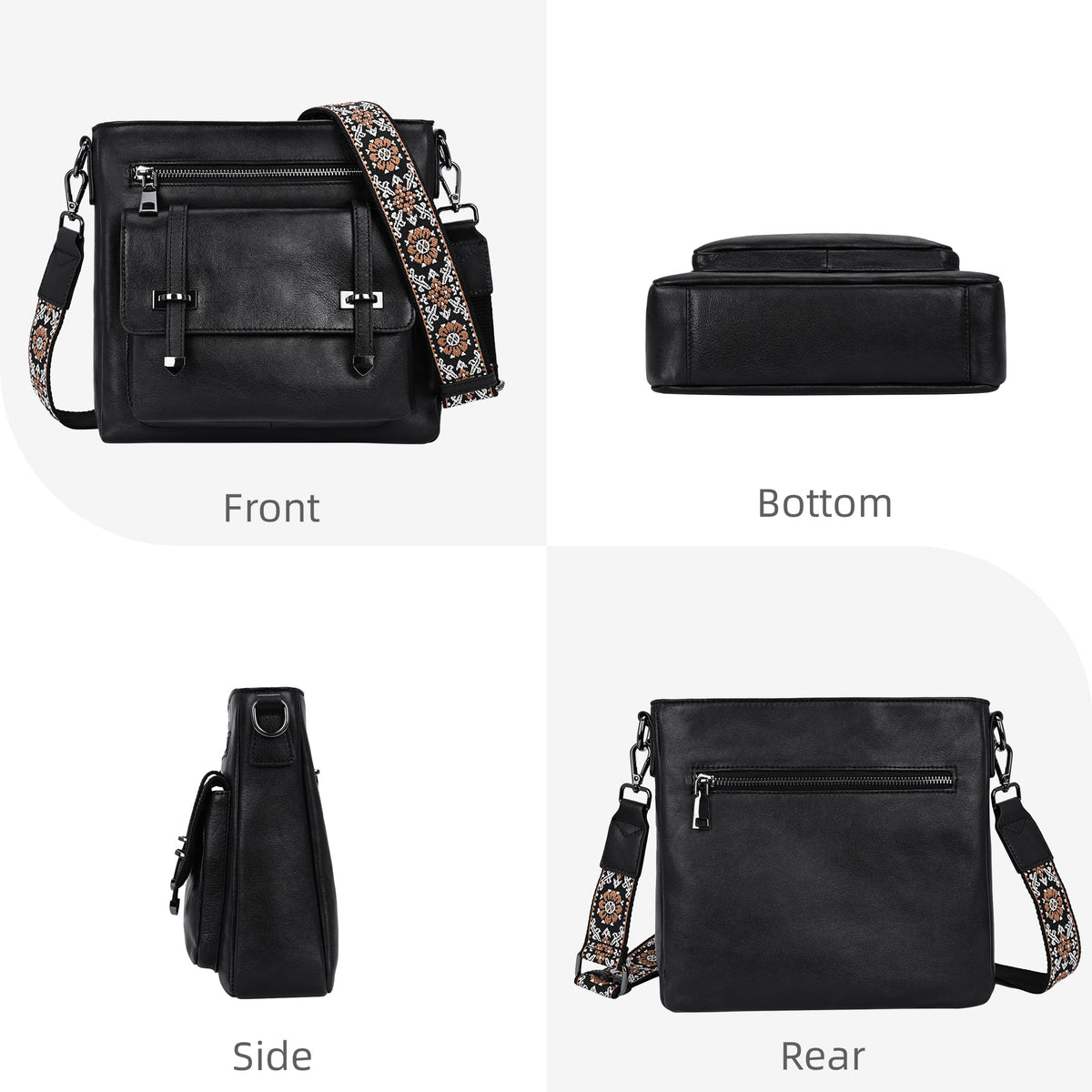 Iswee Soft Leather Crossbody Bags for Women Shoulder Handbags Multi Pocket Travel Purse with Adjustable Strap Medium Size (Black)