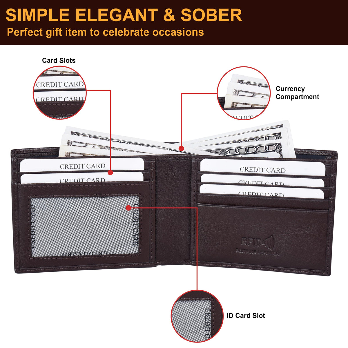 ASAD Leather Bifold Wallets For Men with 2 Note Compartment, 6 Card Slots, 2 Slip Pocket & 1 ID Slot, Genuine Leather Bifold Wallet for Men, RFID Blocking, Slim Wallet | Brown