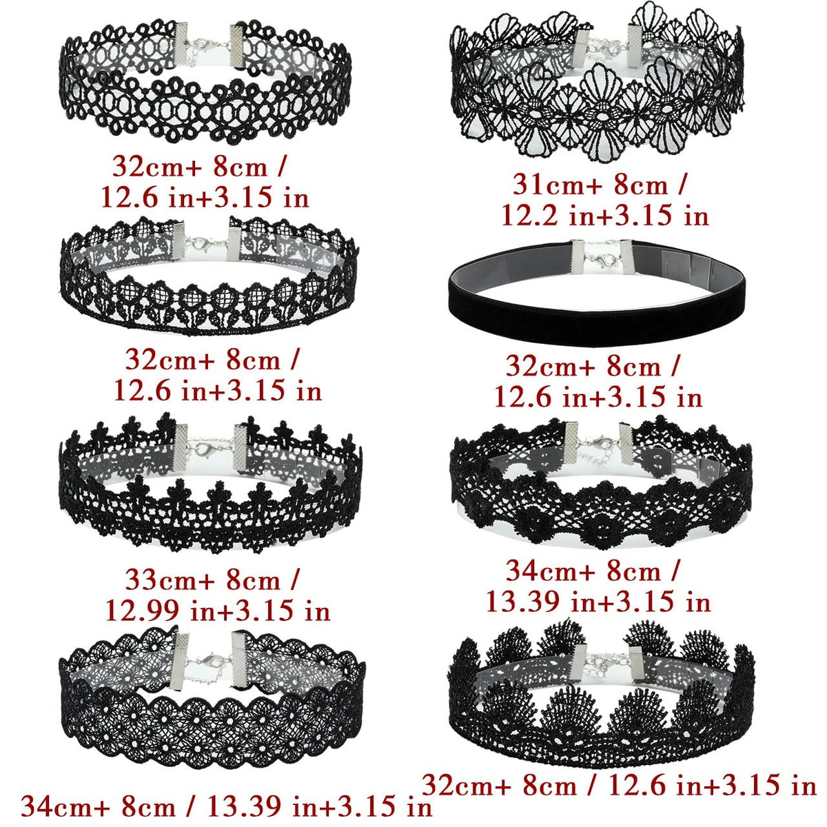 Eigso 8Pcs Gothic Tattoo Lace Choker Necklaces Set for Women Adjustable Black Collar Choker