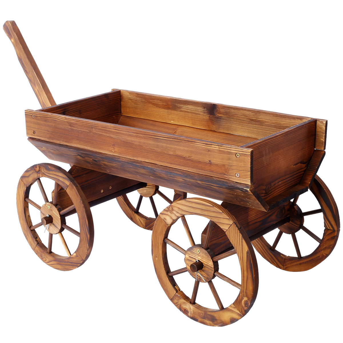 LifeSky Wooden Garden Cart Planter Wagon: Rustic Solid Wood Construction with Four Wheels & Handle - Farmhouse Style Outdoor Decor for Patio Garden Design & Plant Display