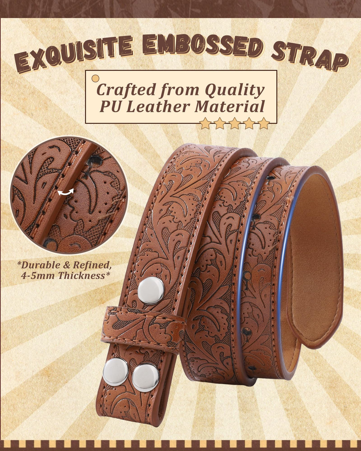 AWAYTR Kids Western Belt with Detachable Buckle - PU Leather, 3 Sizes (23"-34.5"), Adjustable for Daily Wear & Halloween (Cow Buckle-Brown, Fit Waist: 26.5"-30")