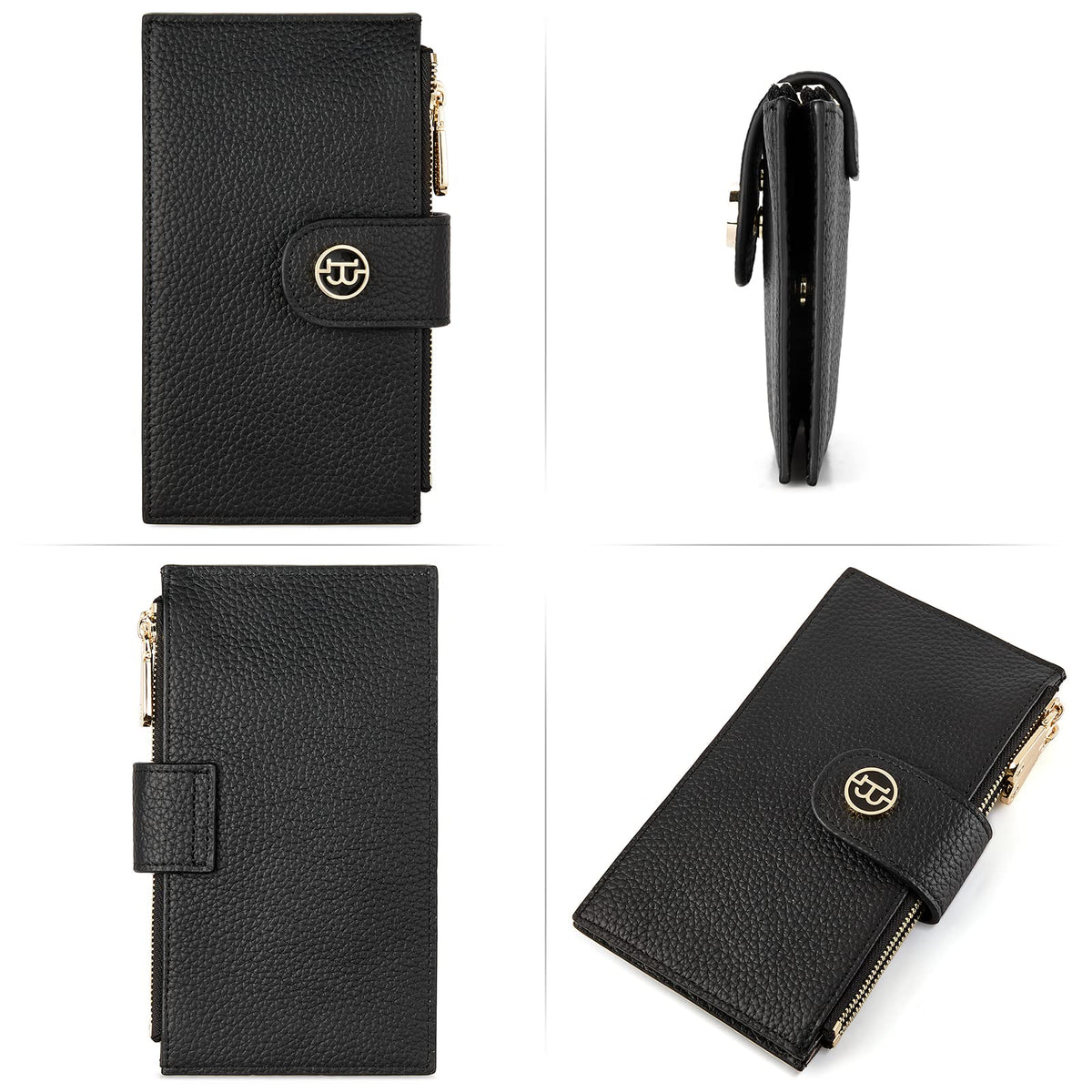 BOSTANTEN Leather Wallets for Women Large RFID Blocking Slim Bifold Purse Card Holder with Zipper Pocket Black