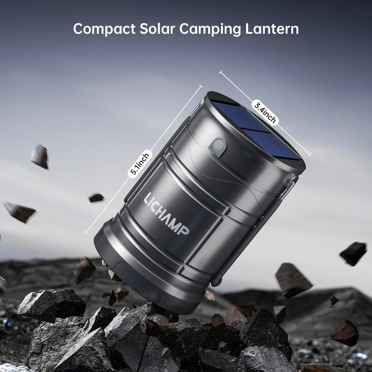 Lichamp Solar Camping Lantern 2-Pack, USB Rechargeable LED, Dark Gray, Model CLS-K002GH, Battery Powered, Three Modes for Emergencies
