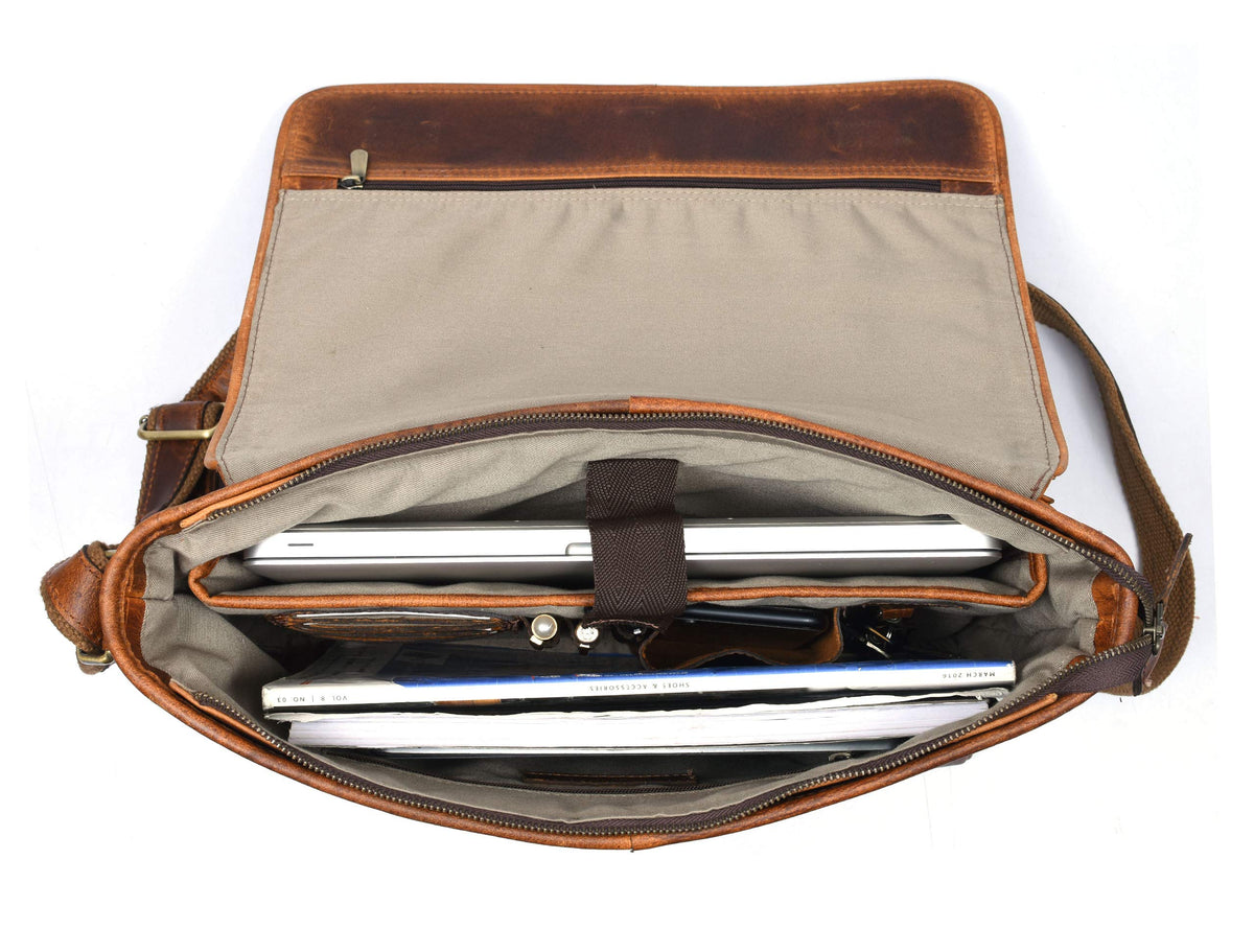 16" Crossbody Bag Leather Laptop Messenger Bag For Men with trolley sleeve for school office (Caramel)