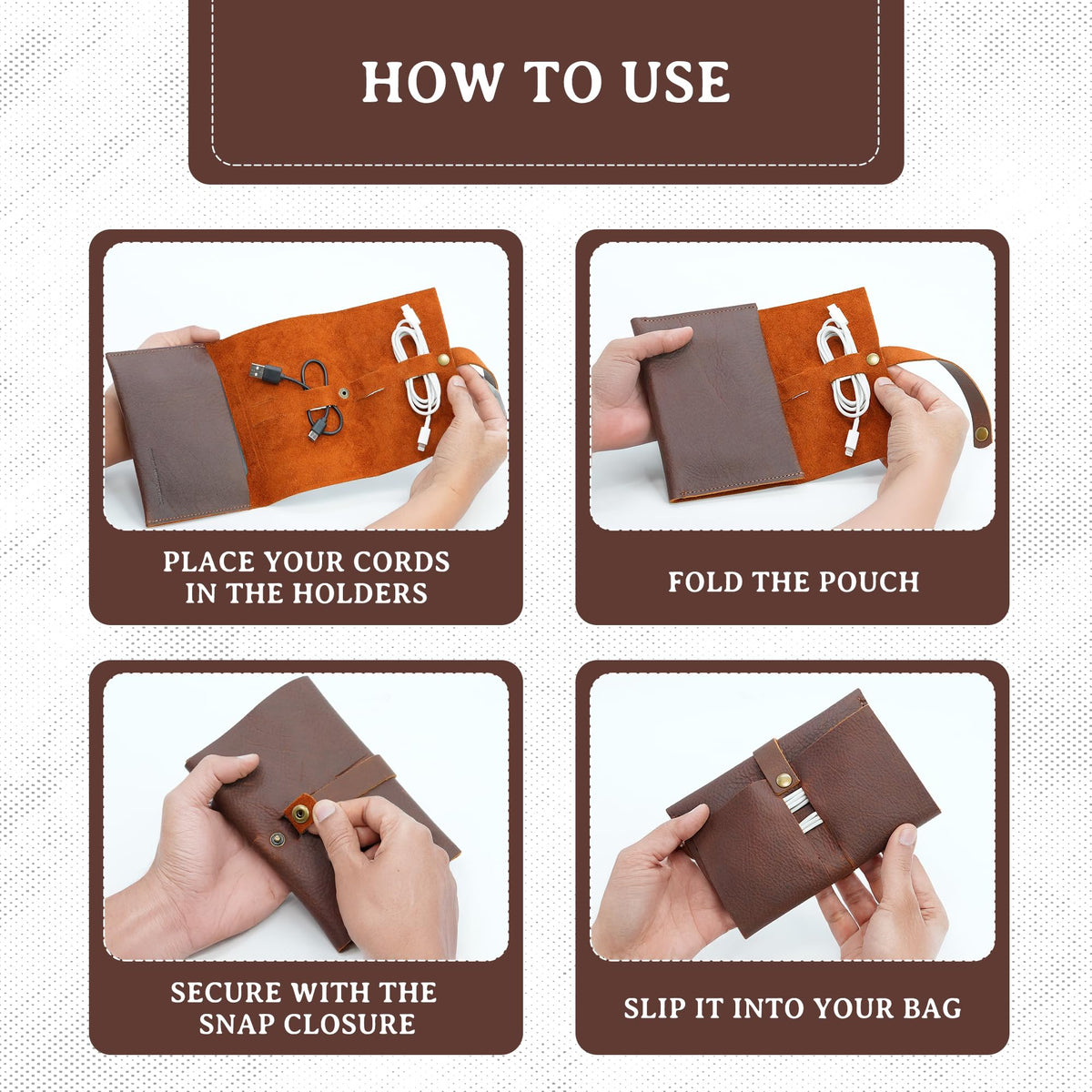 ROGUE WALLET Handcrafted Genuine Leather Tech Organizer - Spacious Phone Cord Organizer, Wide Storage Pockets - Durable & Easy to Maintain Cable Storage Bag for Everyday Use (Brown)