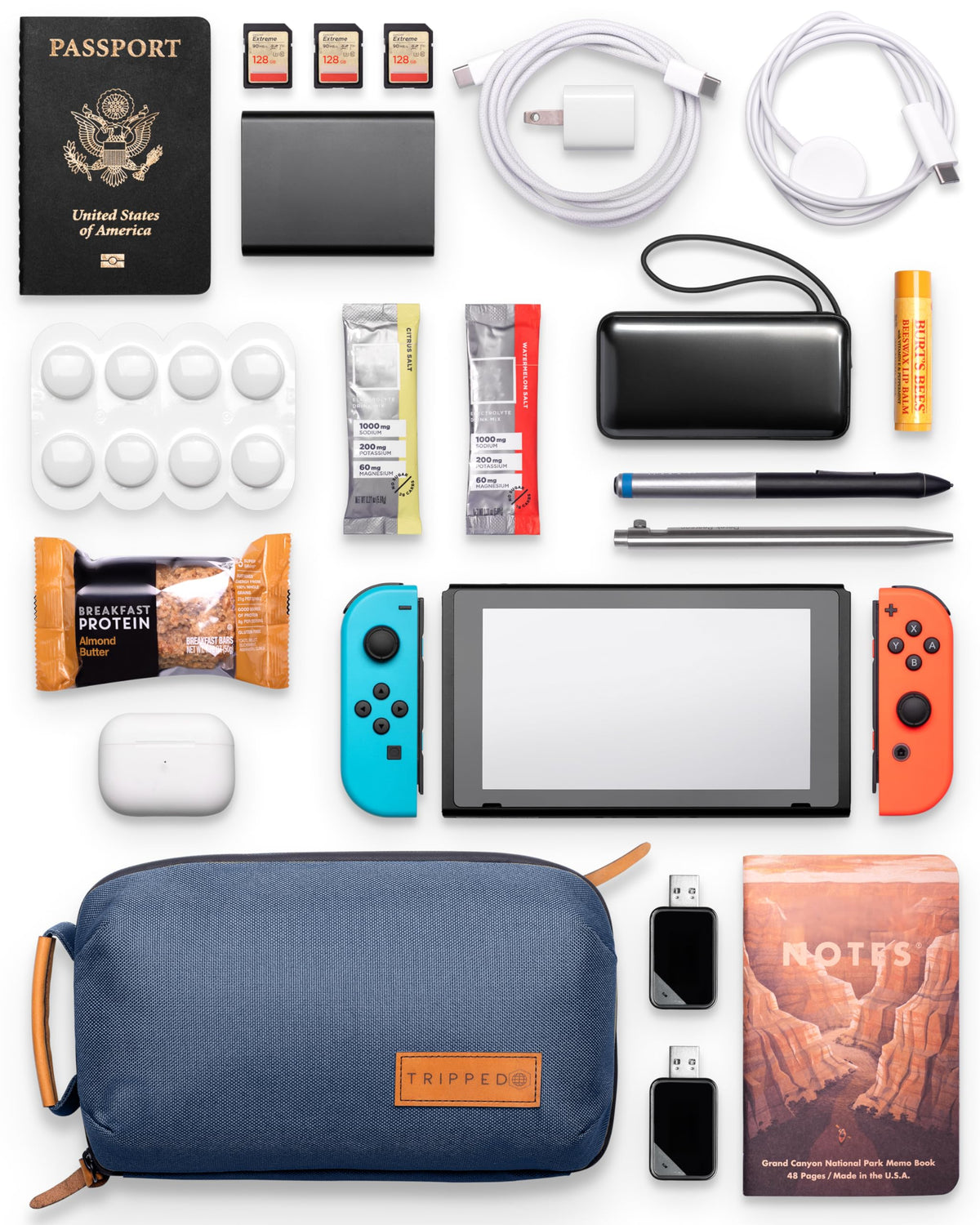 TRIPPED Travel Gear Tech Bag Organizer - Small Electronics Organizer Pouch for Travel - Premium Travel Case with Leather Accents - Mesh Pocket for Cables, Cords and Chargers (Navy)