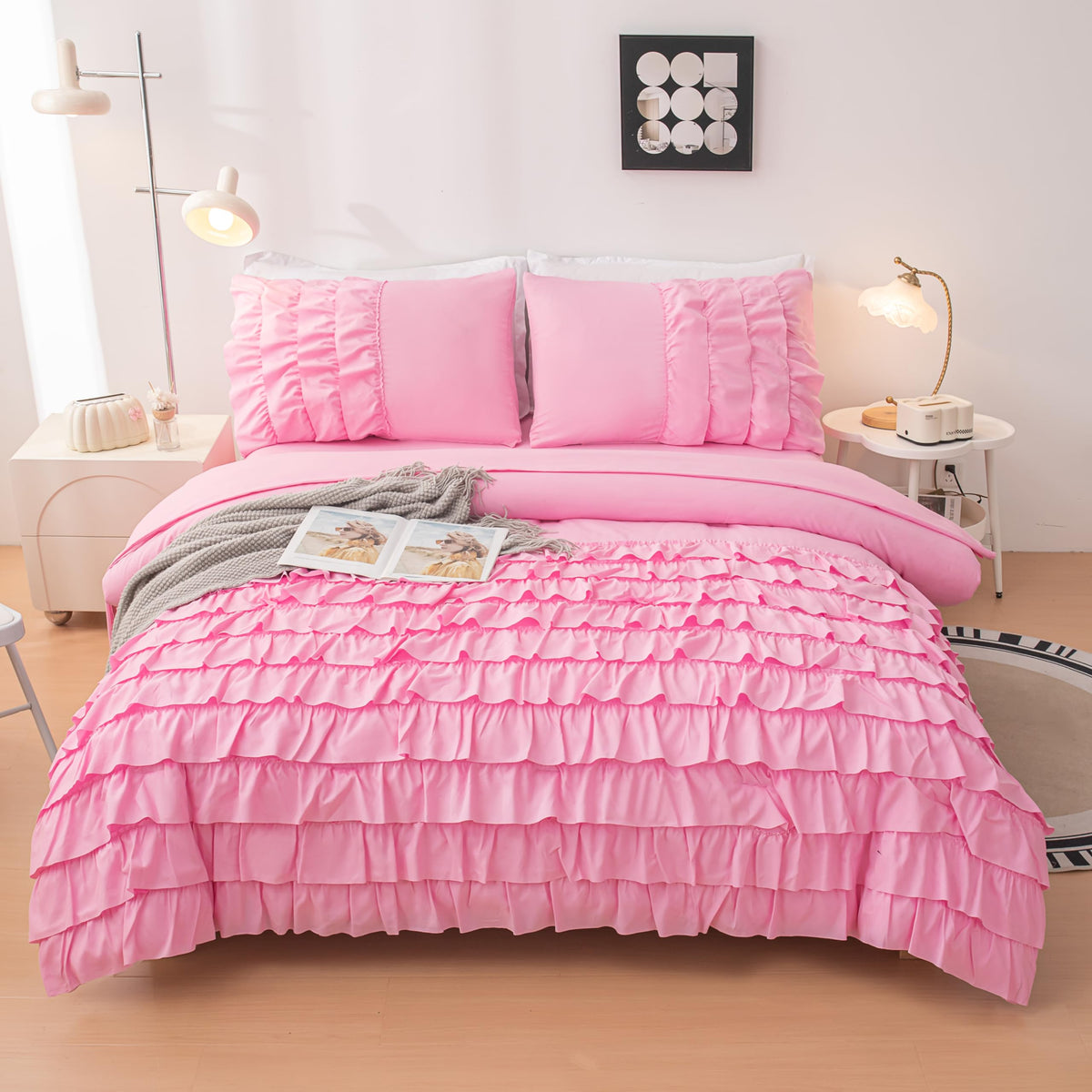 Yadangxiawa Pink Comforter Set Twin, 5-Piece Bed in a Bag Twin for Teen Girls, Pink Ruffle Bedding Set for Girls Kids, Teen Girl Bedding Sets,Princess Dress Comforter for All Season