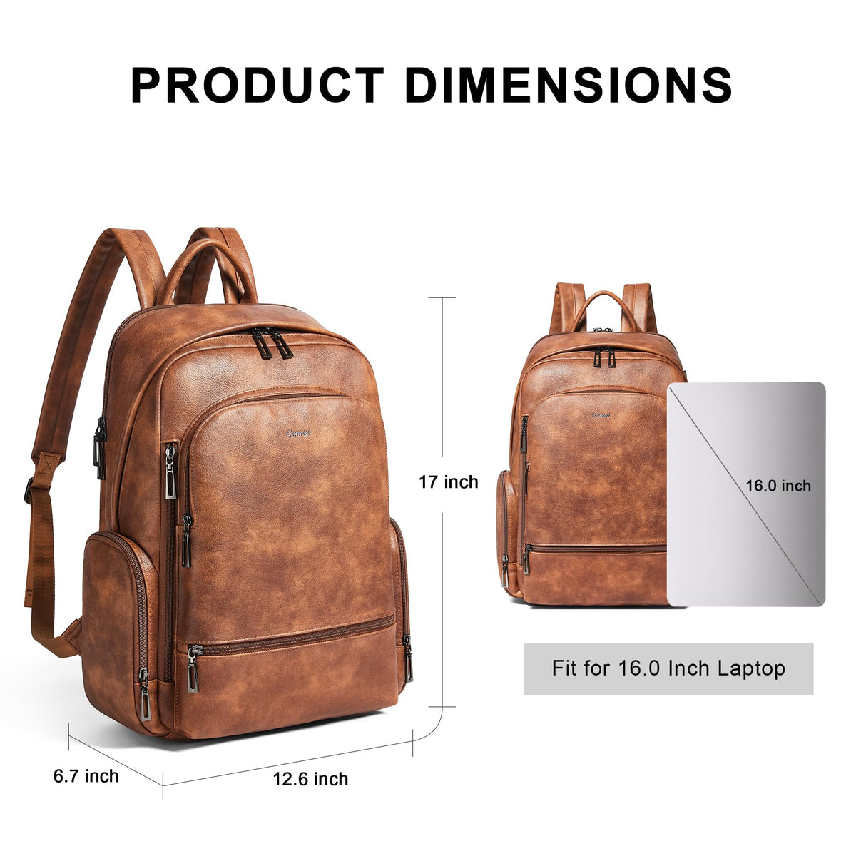 tiamyi Leather Backpack for Women Men, Fits 16.0 Inch Laptop, Soft Vegan Leather Backpack for Travel and Daily Use, Brown