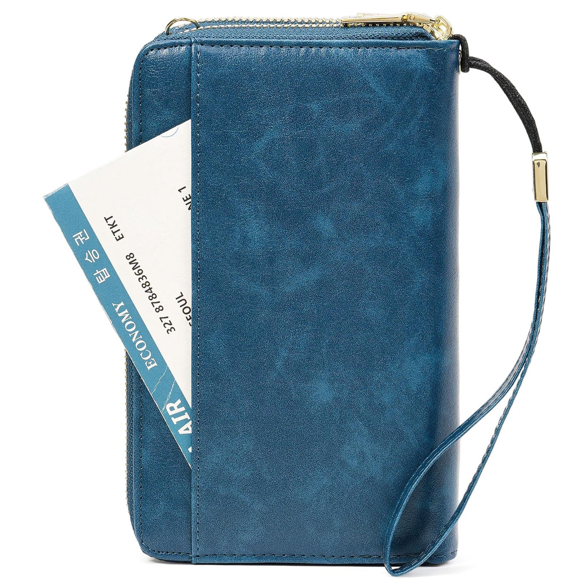 GOIACII Passport Wallet Travel Crossbody Bags for Women Wristlet Phone Purse Double Zip Vegan Leather Blue