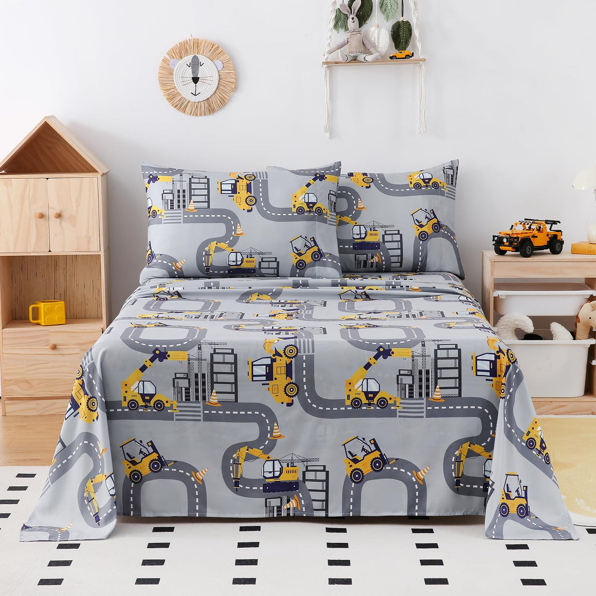 Yibeizi Full Size Sheets Set Kids, Grey Truck Pattern Microfiber Double Bed Sheets, Cute Soft Oeko-Tex Extra Deep Pocket Sheets & Pillowcases Cooling Hypoallergenic Wrinkle Free Bedsheets