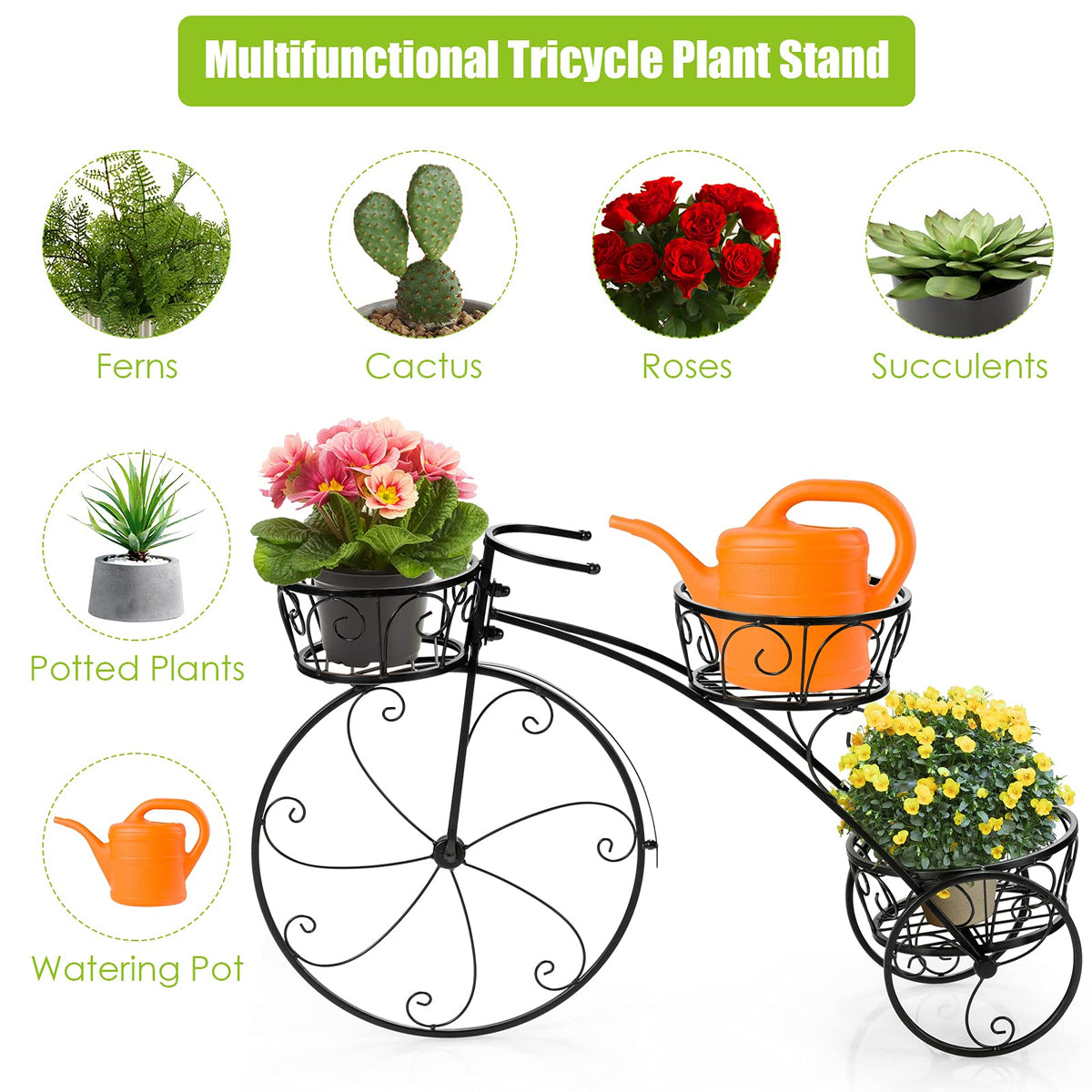 OFFICEJOY Bicycle Planter, Flower Pot Stand with 3 Decorative Wheels, 3 Collection Baskets, Metal Steel Frame, Tricycle Plant Stand for Outdoor, Indoor, Home, Balcony, Patio, Garden, Backyard