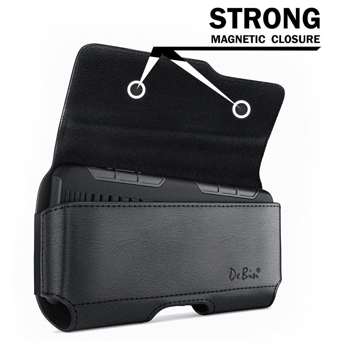 DeBin Holster for Large iPhone Plus, Pro Max Models 16 15 14 13 12 11 Xs Max – Leather Cell Phone Belt Holder Case with Clip, Carrying Pouch Cover Fits Phone with Case on, Black