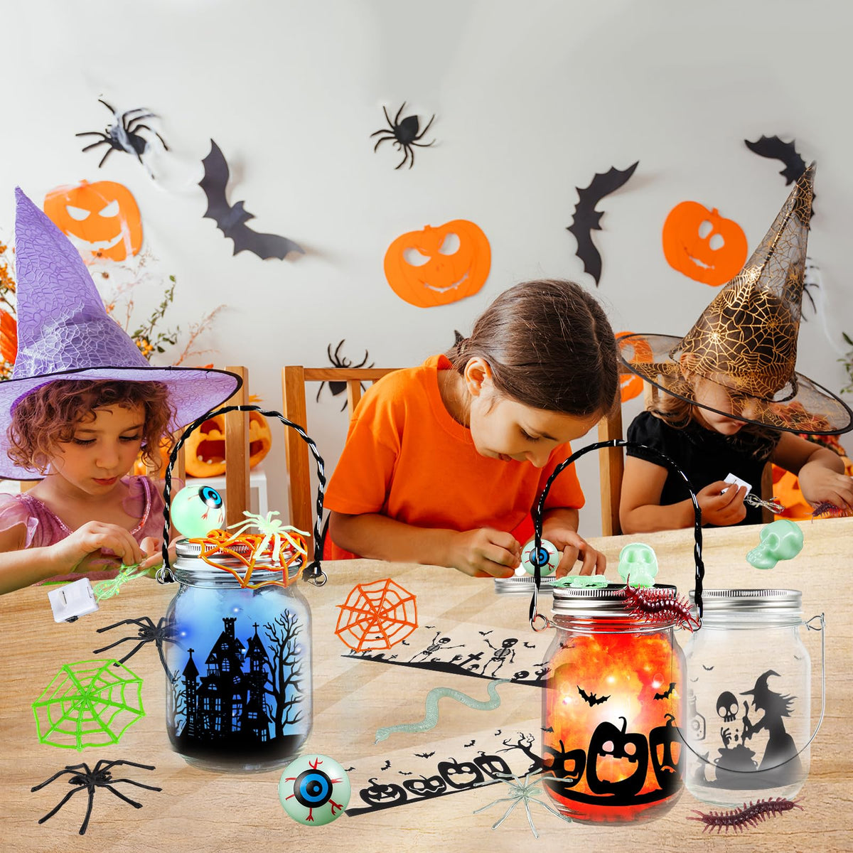 Halloween Craft Kit for Kids, 4 pcs Glass Mason Jar with Accessories for DIY Lantern Jar, Halloween Art & Craft Party Supplies for Classroom,Art and Craft Party Supplies for Kids