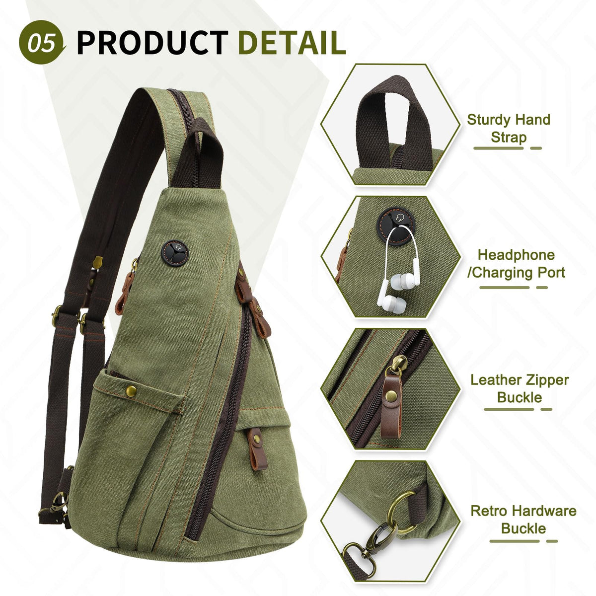 SUIKIHUM Vintage Canvas Sling Bag with Genuine Leather Zipper, 3 in 1 Crossbody, Backpack, and Chest Bag, for Travel, Hiking, 16x10x6 Inches, Green