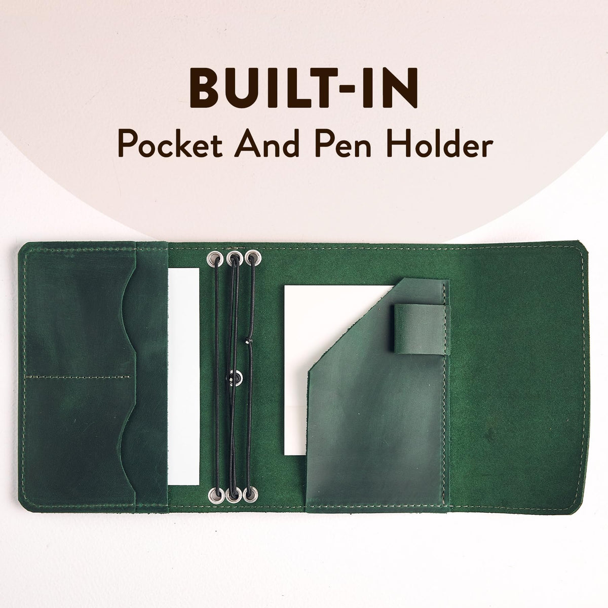 TORAKIP Genuine Leather A6 Journal Cover – Refillable Handmade Notebook Cover with 3 Elastic Bands, Pen Loop & Card Pockets – Travel Diary Case Fits A6 4.1" x 5.8" Notebooks (Paper Not Included), Green