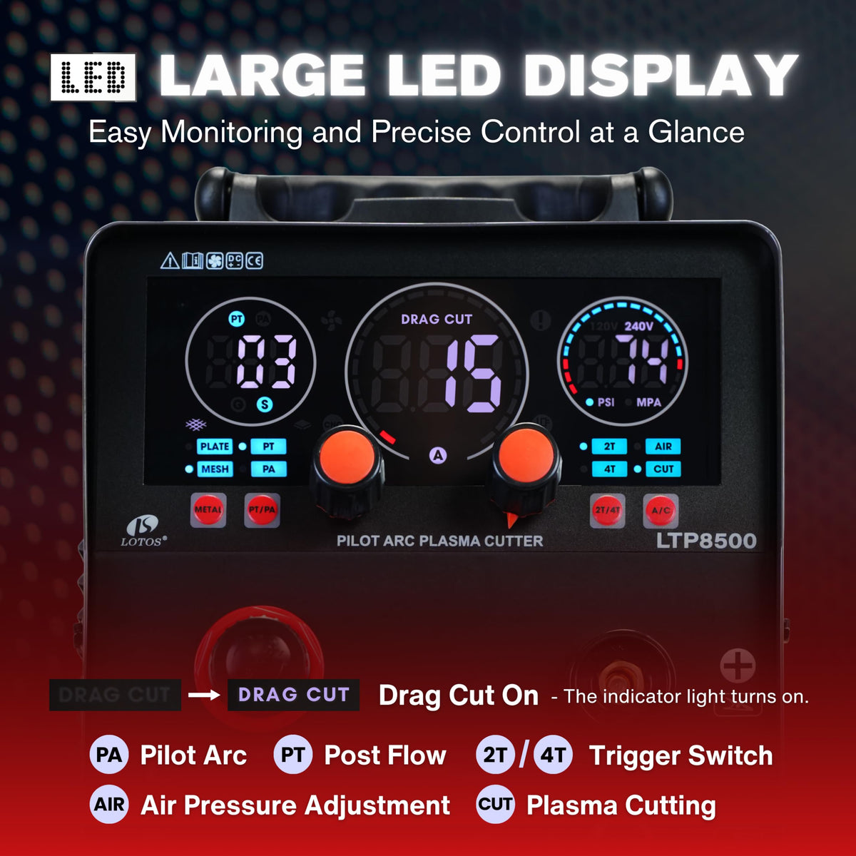 LOTOS Apex LTP8500 | 85A HF Pilot Arc Plasma Cutter, Drag-Cut Enabled, 1" Clean (1.5" Sever), 220V Single-Phase, LED Controls & Front Regulator, Portable Air Plasma Cutter for Fab, Auto, HVAC
