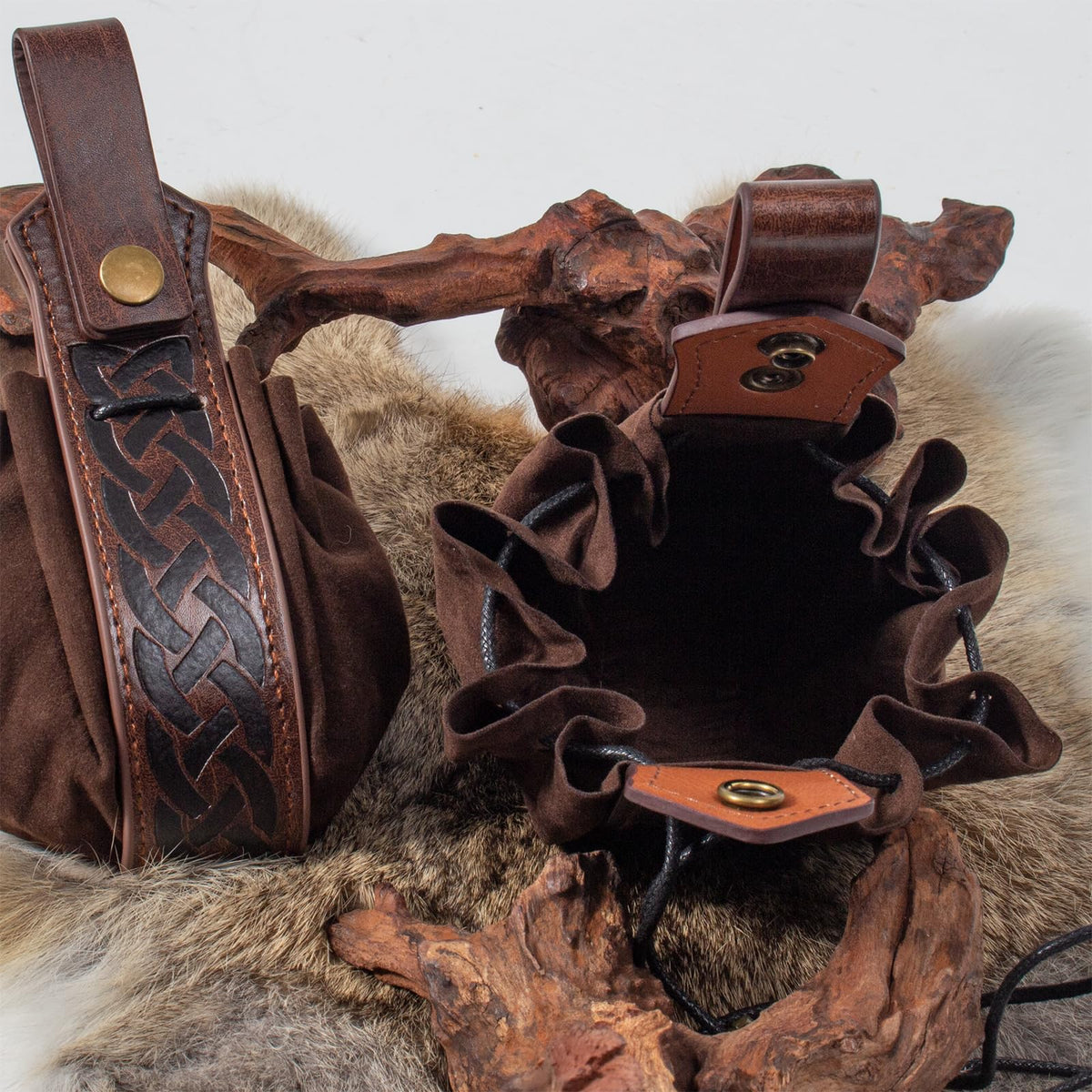 SUMGOGO Medieval Belt Pouch, Faux Leather, Renaissance Style, Small Drawstring Coin Purse, 2 Pack (A-Brown)