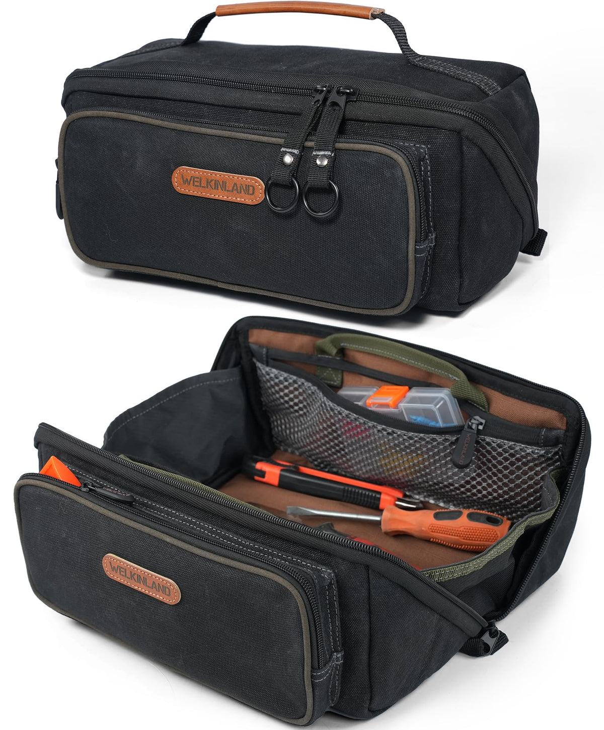 WELKINLAND LayFlat Tool Pouch Organizer, 13-Inch Small Tool Bag, Heavy-Duty Waxed Canvas Tool Pouch, 5-Pocket Small Tool Bags with Zipper, Wide-Open Electrician Tool Bag