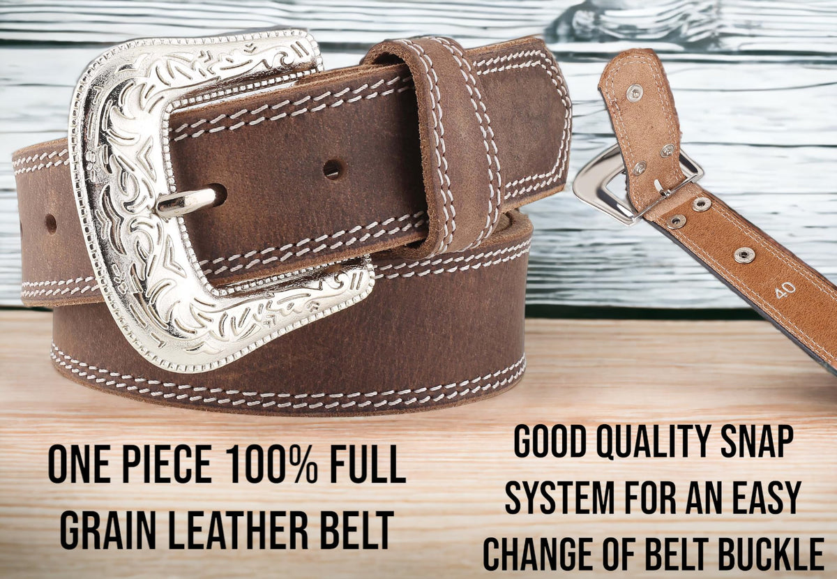 F&L CLASSIC mens Western full grain Leather belt Strap w/Snaps for Interchangeable Buckles, USA,7-941-32-size 32