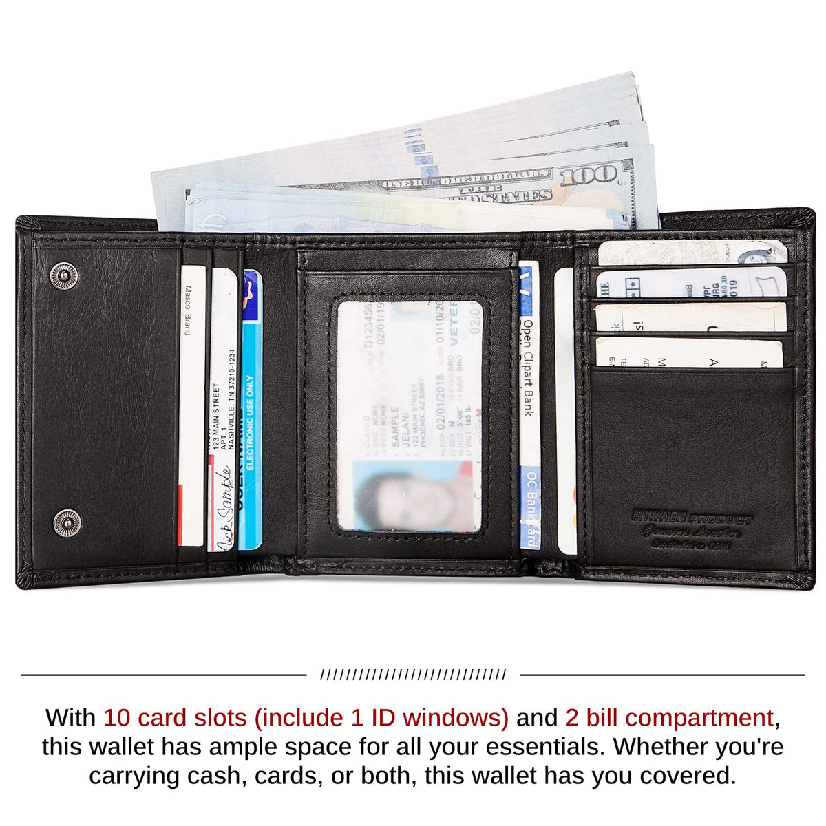 Mens Wallet with Chain, Genuine Leather Trifold Wallet RFID Blocking Anti-Theft Chain for Biker, Motorcycle(Black)
