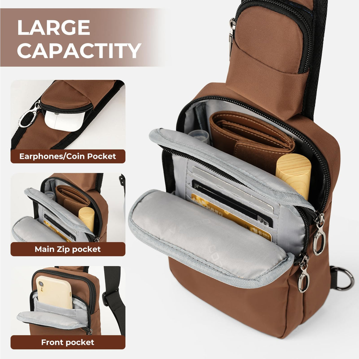 BROADREAM Sling Bag, Crossbody Bag with Anti-Theft Lock Zipper, RFID Blocking & Water Resistant for Travel Work Sport (Brown)