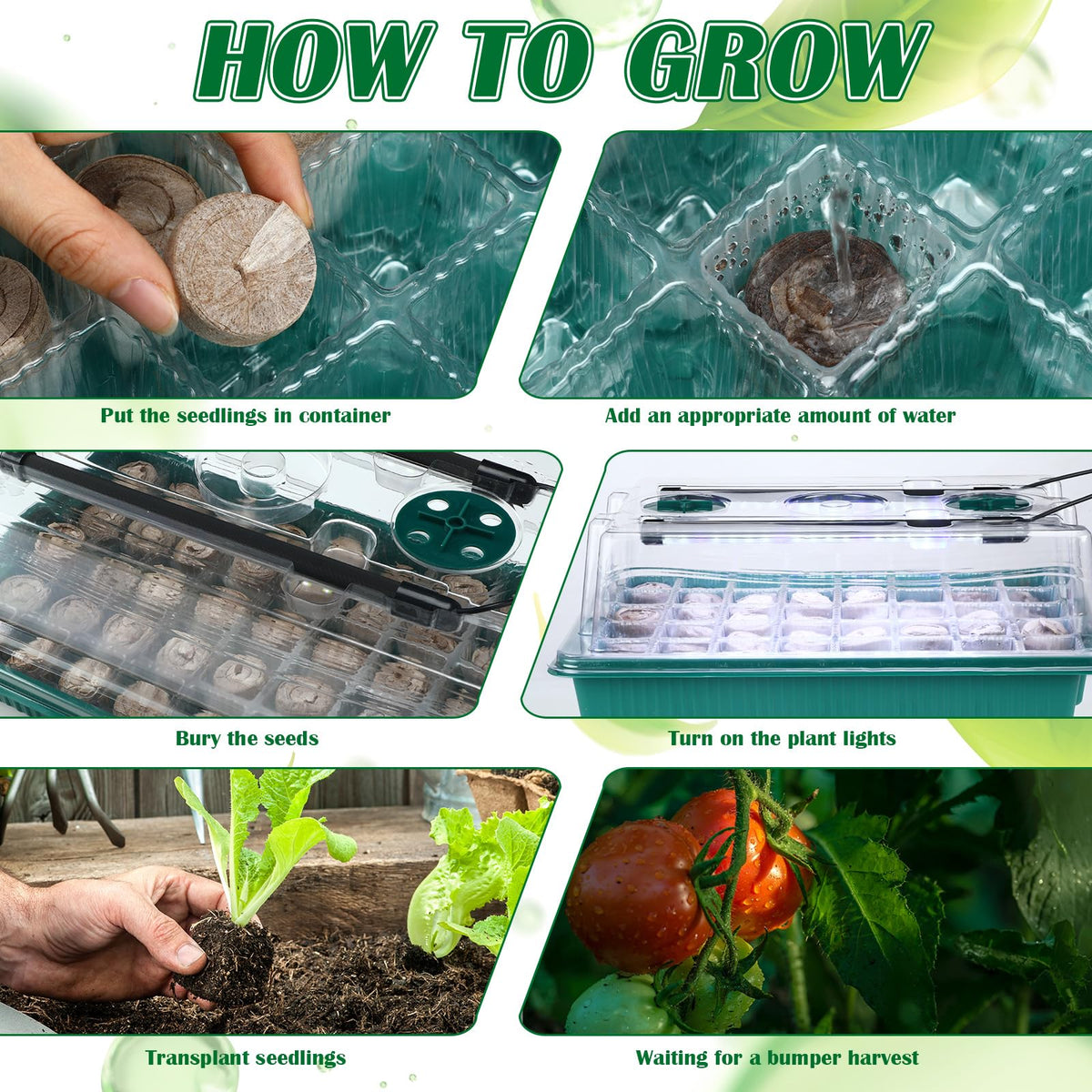 FillTouch 2 Packs 80 Cells Seed Starter Trays Kit with 4 Grow Light Seed Starter Kit Seedling Starter Trays with Humidity Dome and 80 Pcs Peat Pellet for Garden Seeds Propagation Seedlings