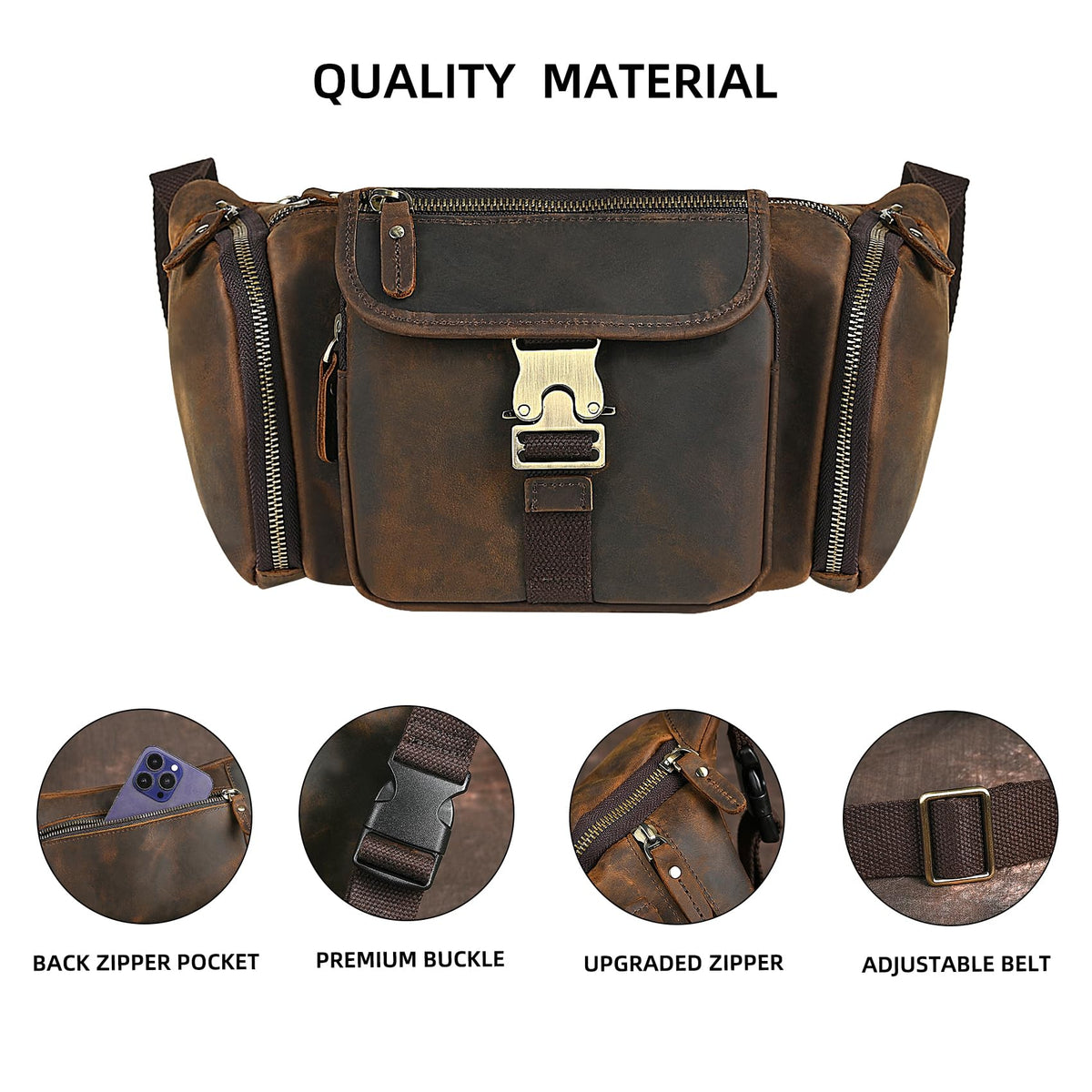 Handadsume Thick Crazy Horse Leather Hiking Riding Travel Outdoor Belt Bag Fanny Waist Pack Small Phone Pouch For Men Women 380 (388 Brown)