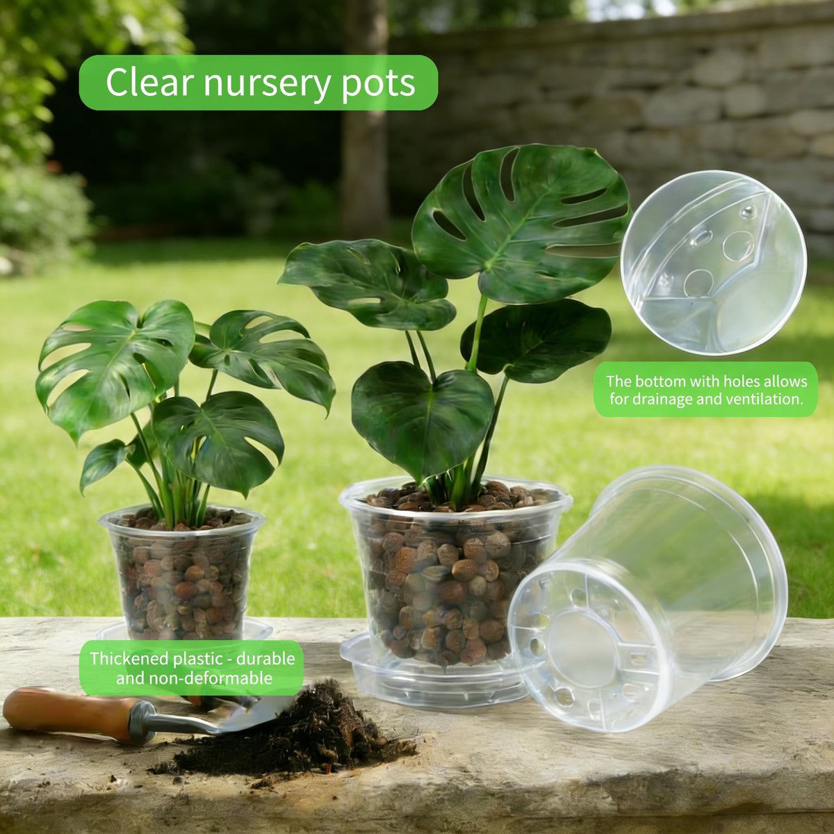 Frukwoc 4 Inch Clear Nursery Pots with Saucers 20 Pack, Plastic Flower Pots with Drainage Holes