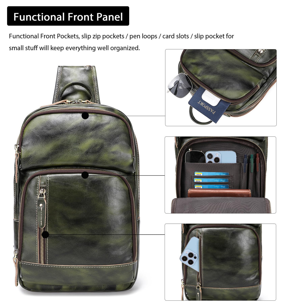 LANNSYNE Vegetable Tanned Leather Sling Bag For Men, Crossbody Chest Daypack fits 12.9" iPad